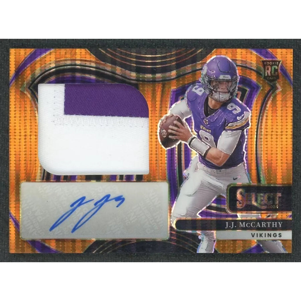 2024 Panini Select J.J McCarthy Neon Orange Pulsar FOTL Rookie Patch Auto/35