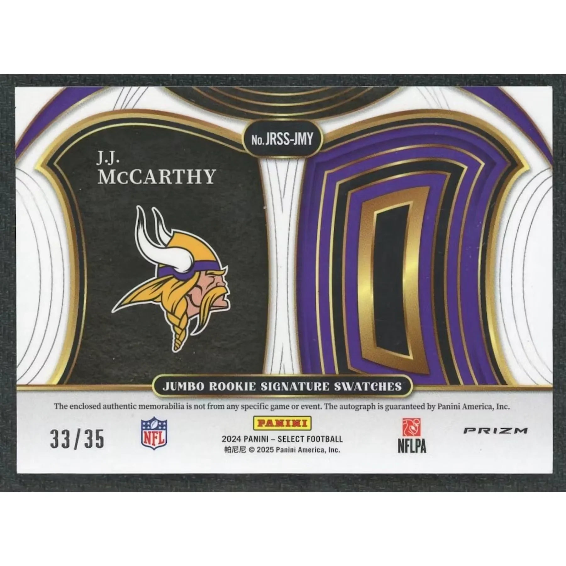 2024 Panini Select J.J McCarthy Neon Orange Pulsar FOTL Rookie Patch Auto/35