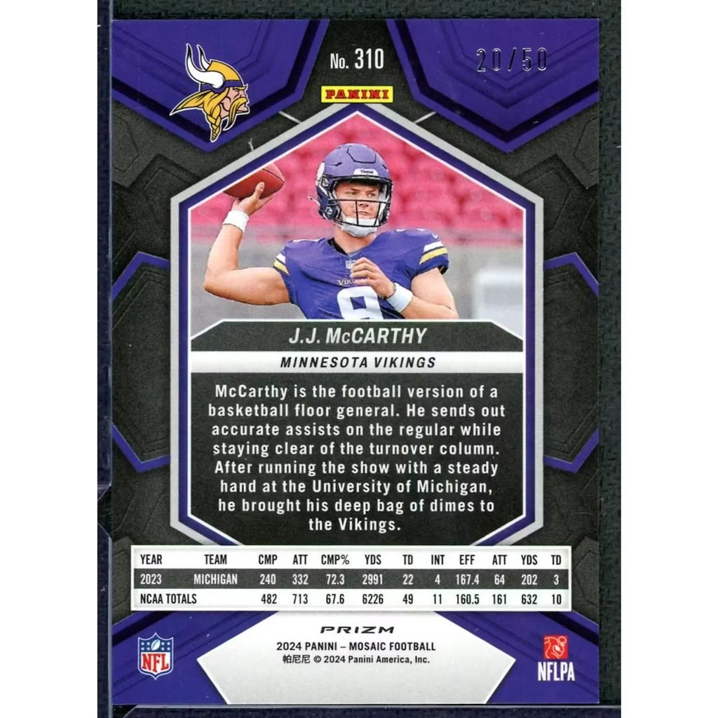 JJ McCarthy 2024 Panini Mosaic Purple Disco Rookie Card | #310/50