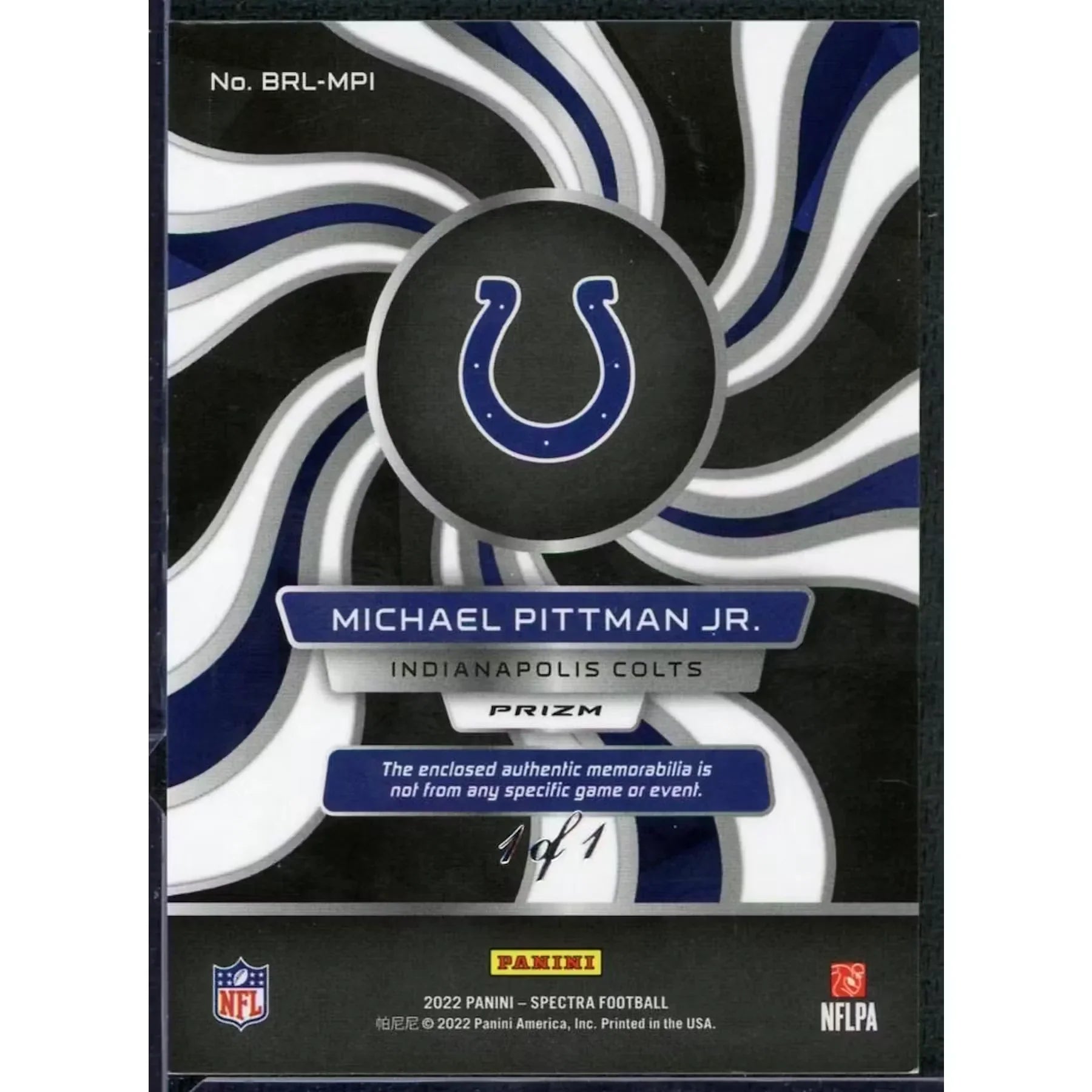 Michael Pittman Jr 2022 Panini Spectra Brilliance Tag Patch | 1/1