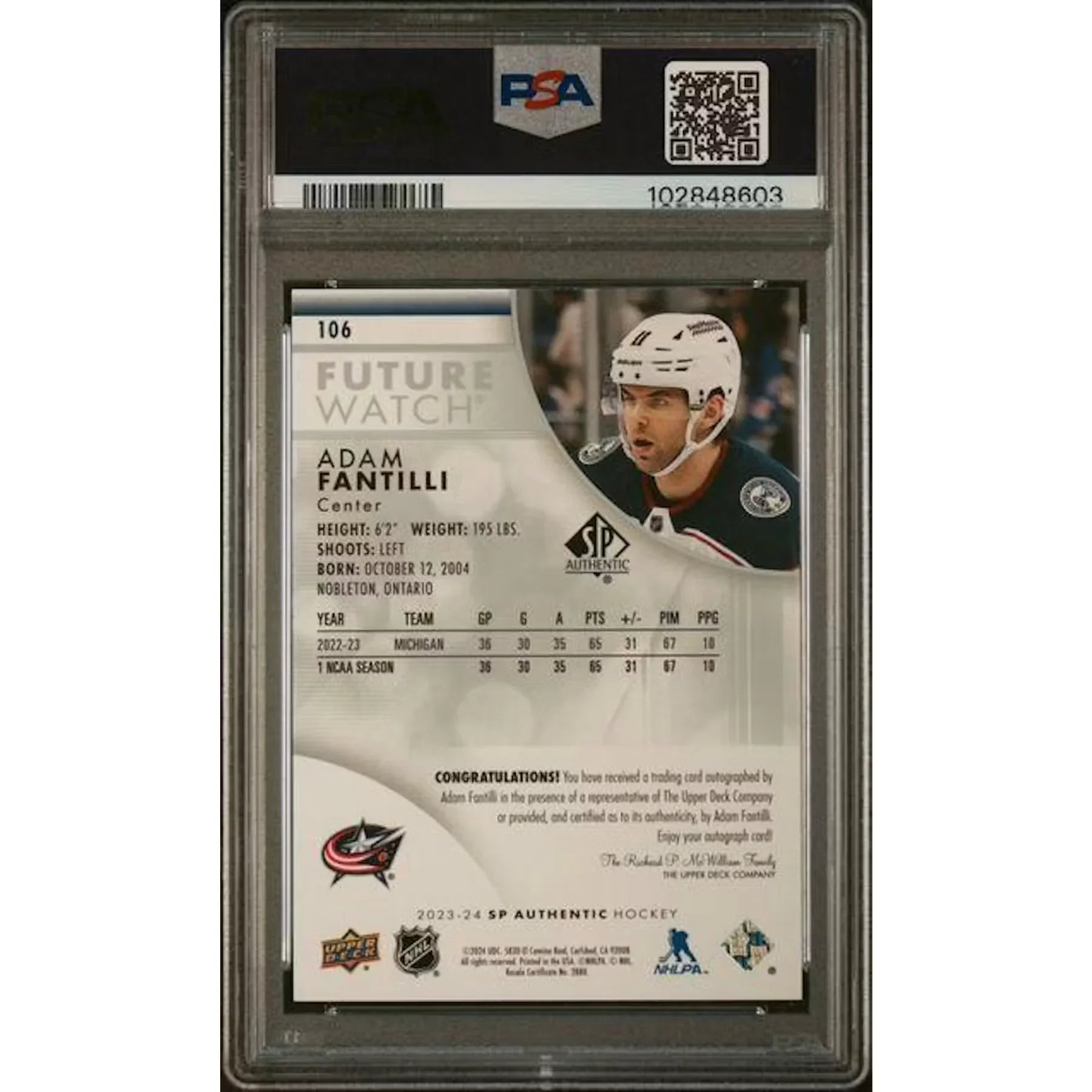 Adam Fantilli Signed 2023-24 Upper Deck SP Authentic Card | PSA 9