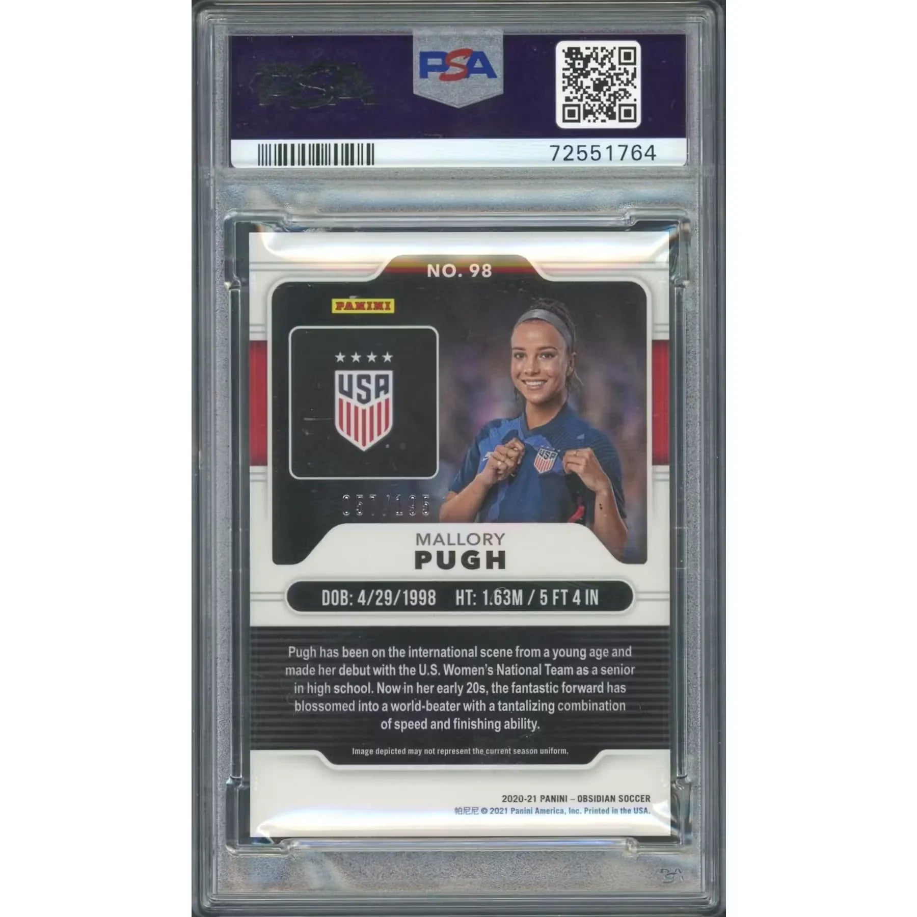 Mallory Pugh 2020 Panini Obsidian Rookie Card #98 | PSA 10