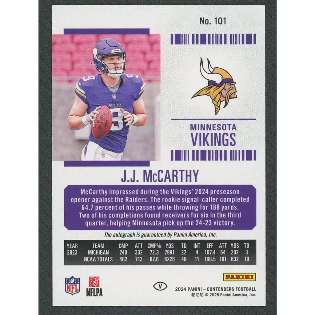 JJ McCarthy Signed 2024 Panini Contenders Playoff Ticket |/149