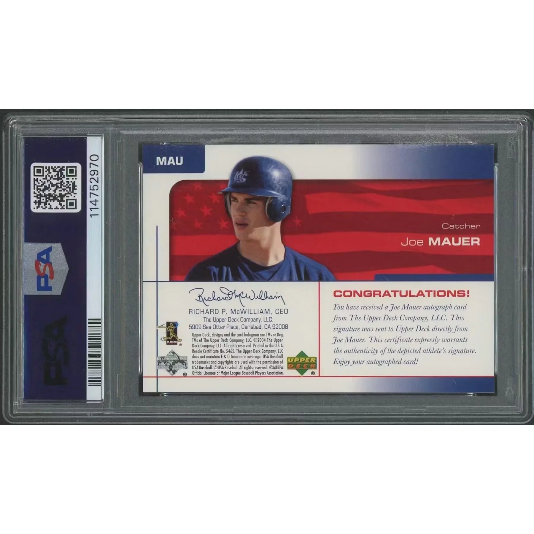 Joe Mauer Signed 2004 Upper Deck USA Baseball Card | PSA 7 Red Auto #03/20