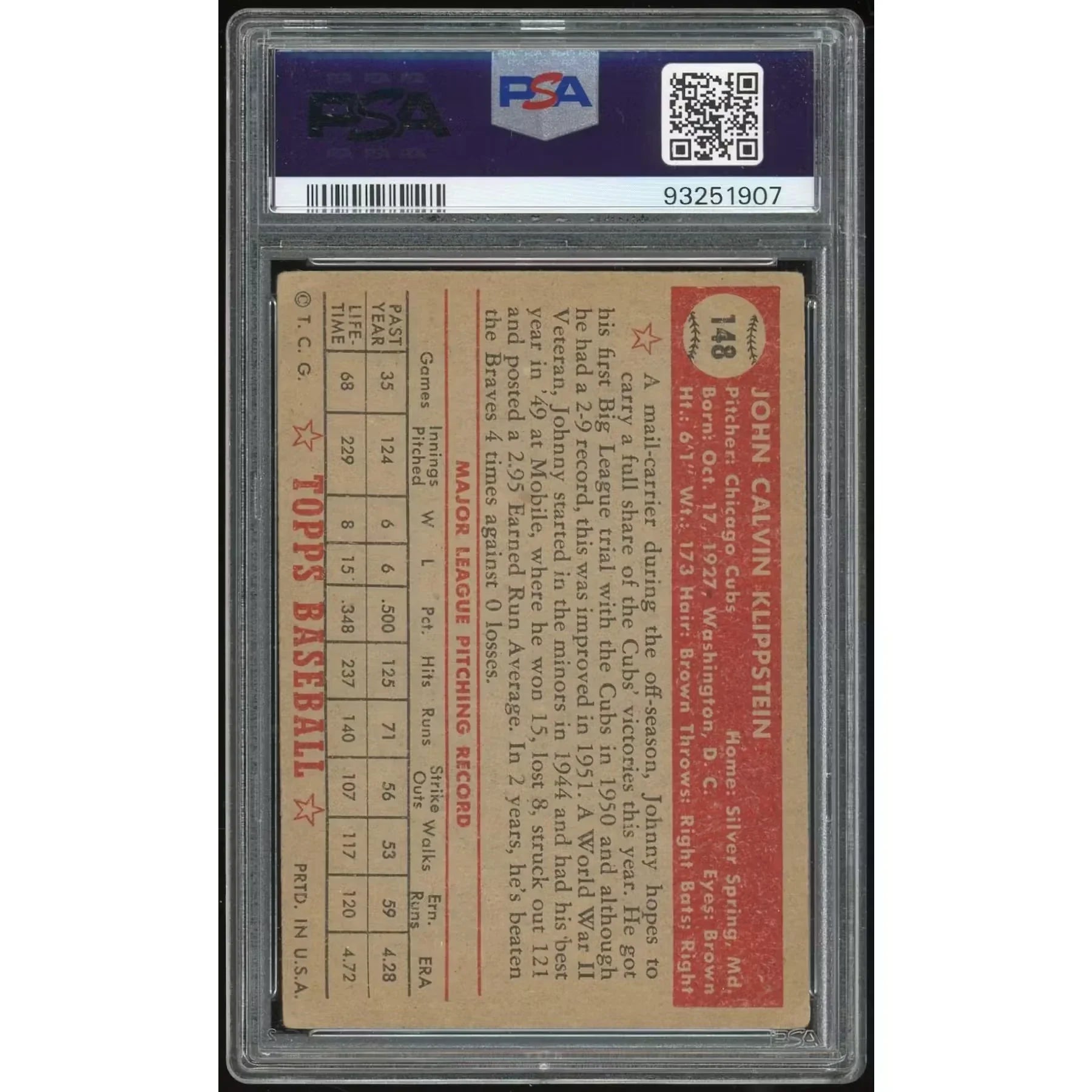 1952 Topps #148 Johnny Klippstein Gray Back | PSA 3 1907