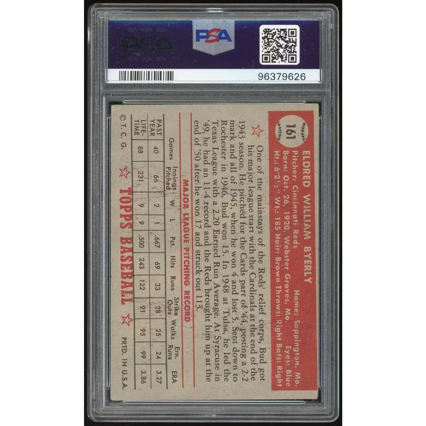 1952 Topps #161 Bud Byerly Gray Back | PSA 3
