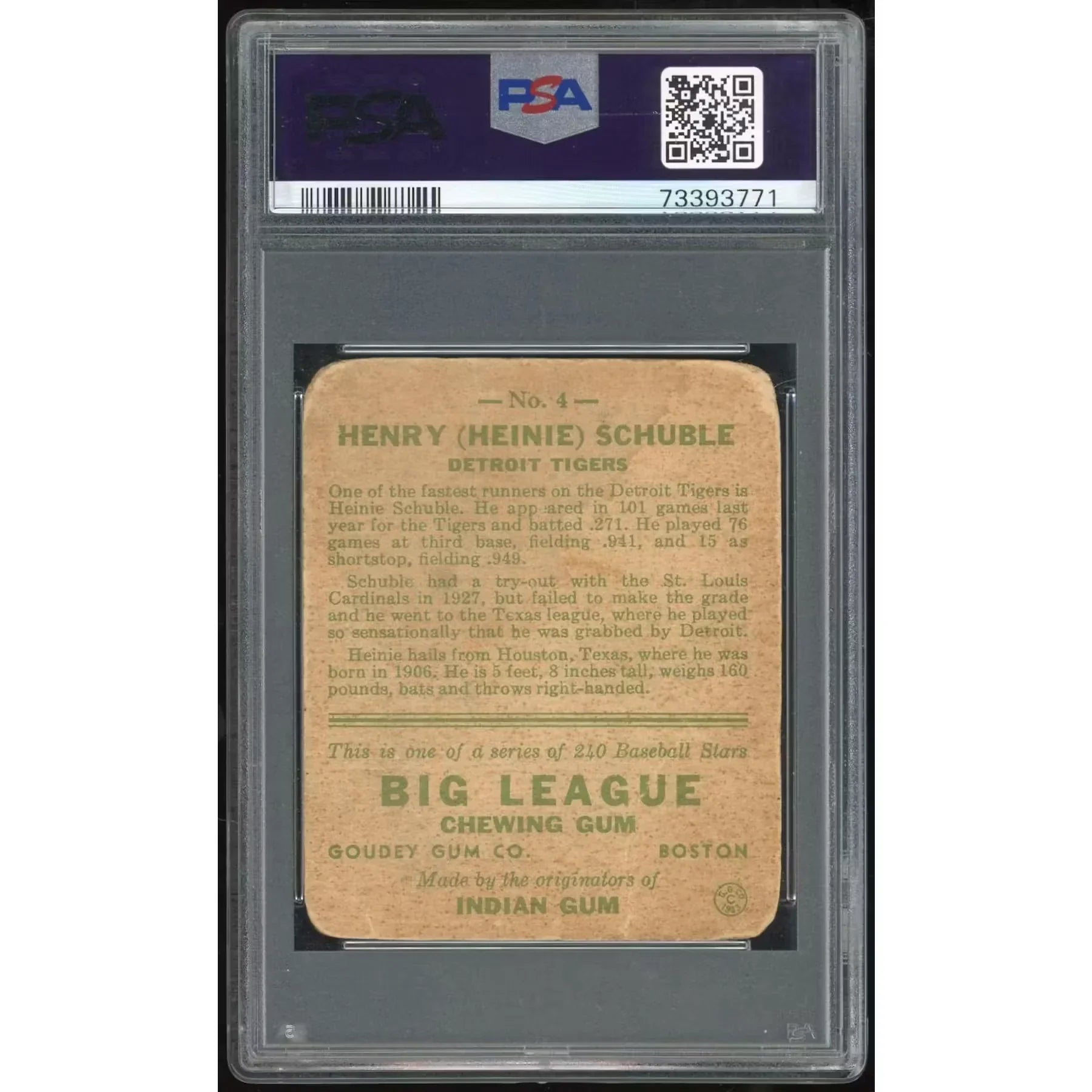 Heinie Schuble Signed 1933 World Wide Gum Card #4 | PSA Authenticated