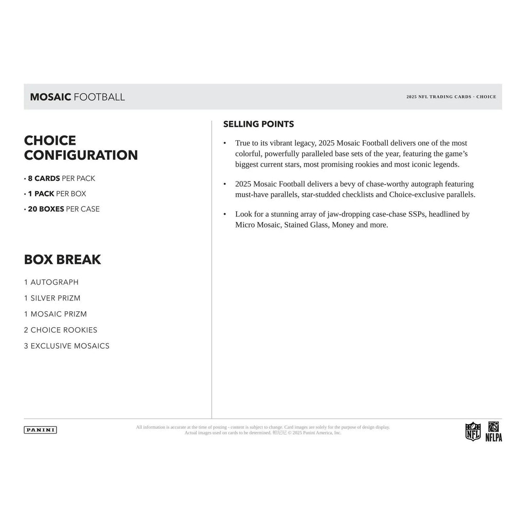 2025 Panini Mosaic Football Choice 20-Box Case (Ships Sealed Only) - D