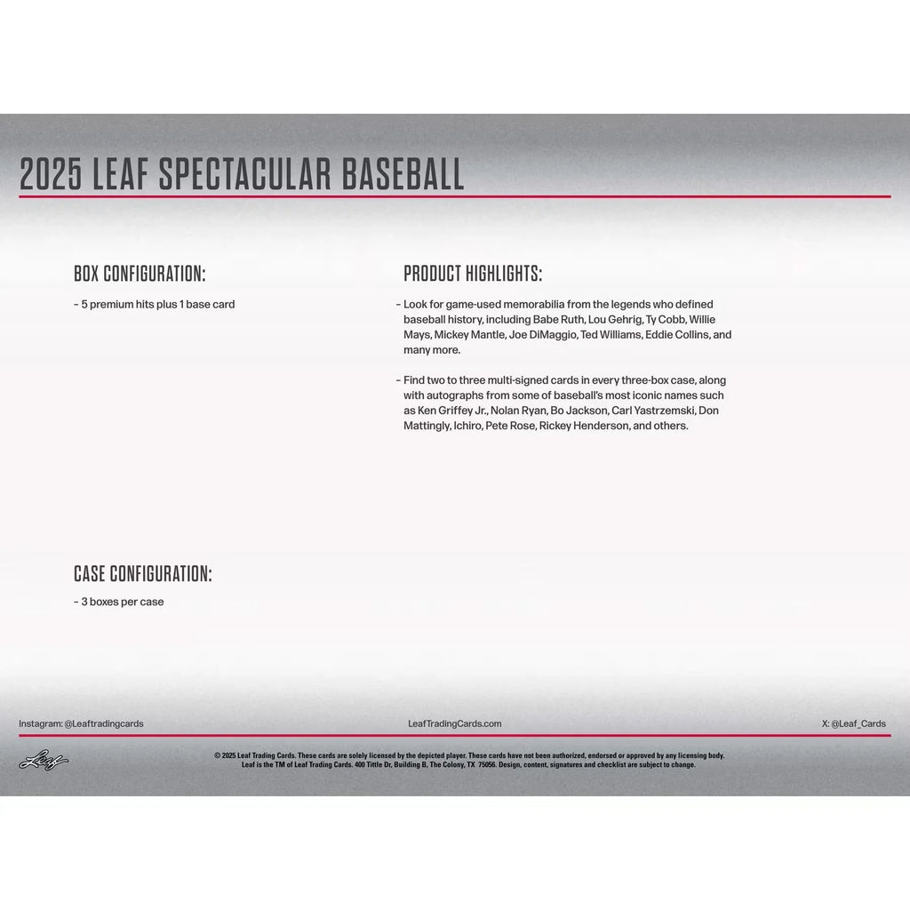 2025 Leaf Spectacular Baseball Hobby Box (Ships Sealed Only) - D1
