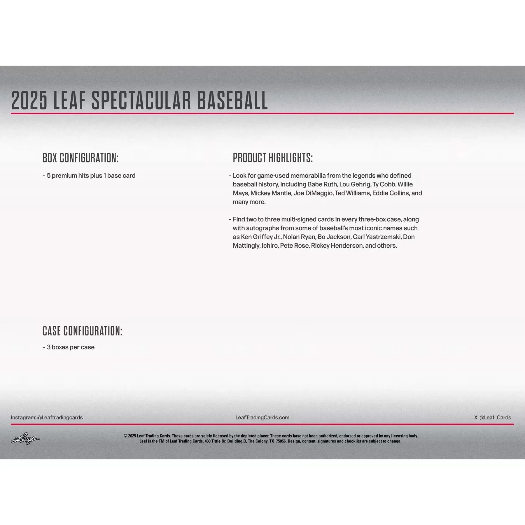 2025 Leaf Spectacular Baseball Hobby Box (Ships Sealed Only) - D1