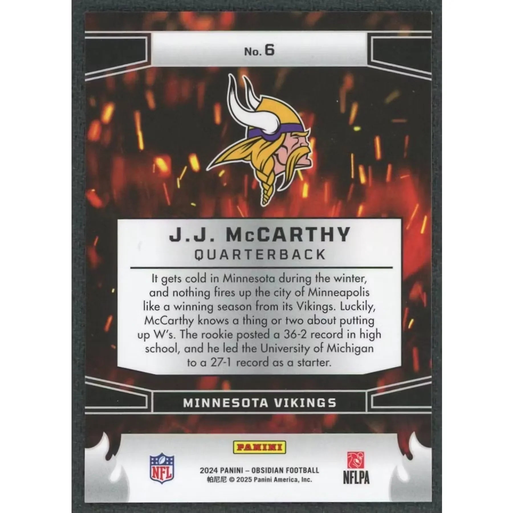 JJ McCarthy 2024 Panini Obsidian Embers Rookie Card #6
