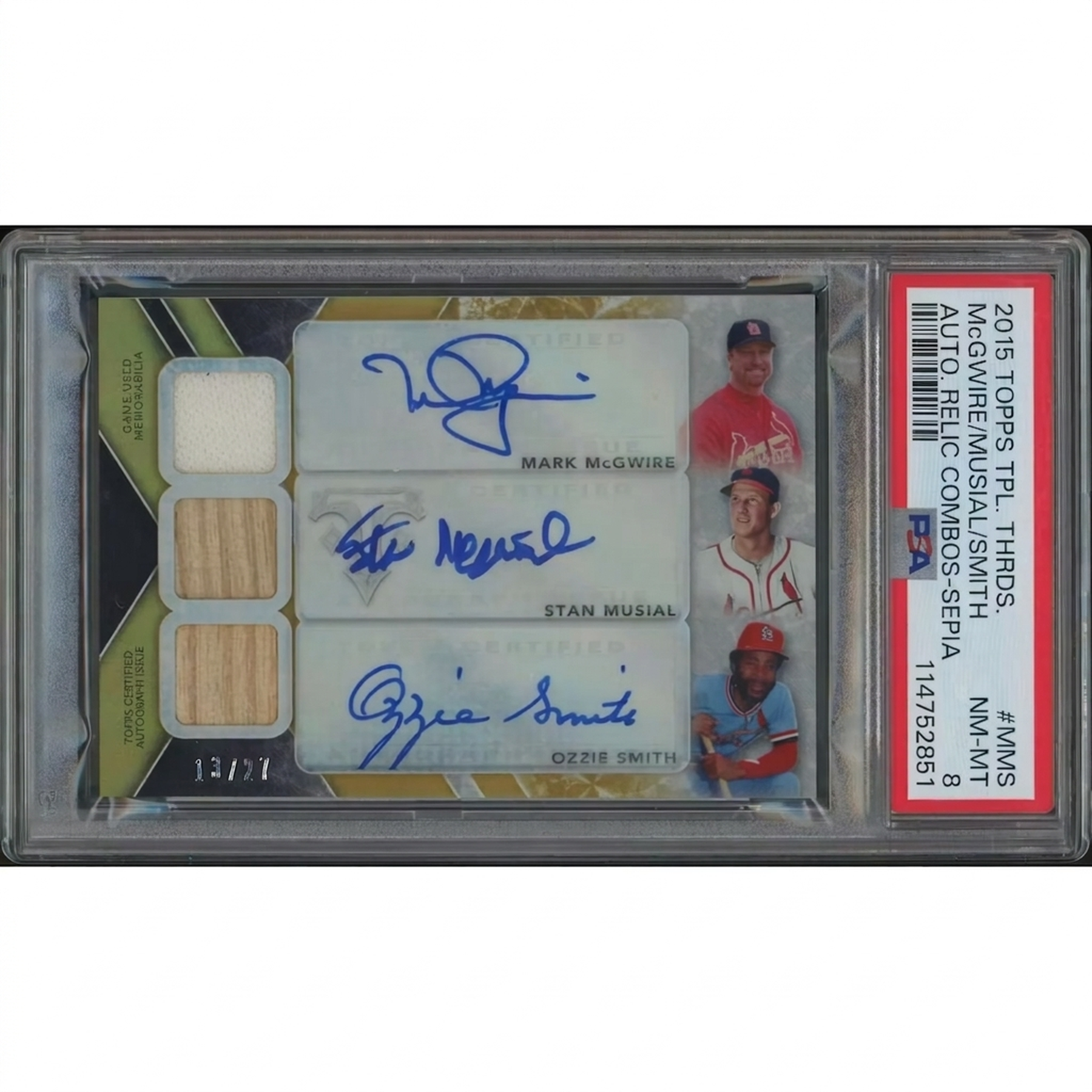 Stan Musial, Ozzie Smith & Mark McGwire Signed 2015 Topps Triple Threads #13 Card | PSA 8