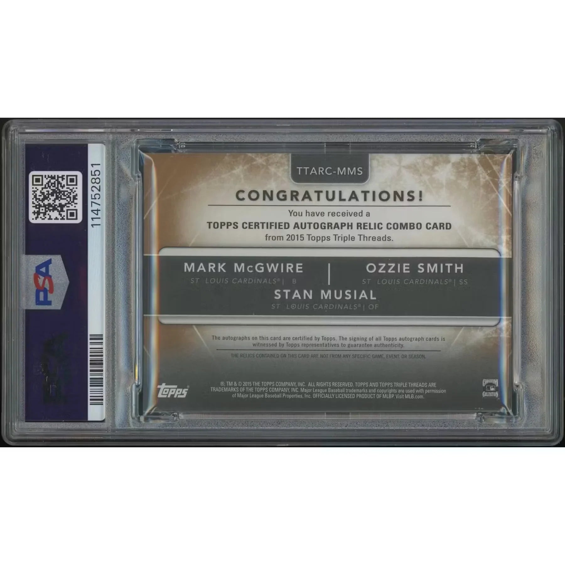 Stan Musial, Ozzie Smith & Mark McGwire Signed 2015 Topps Triple Threads #13 Card | PSA 8