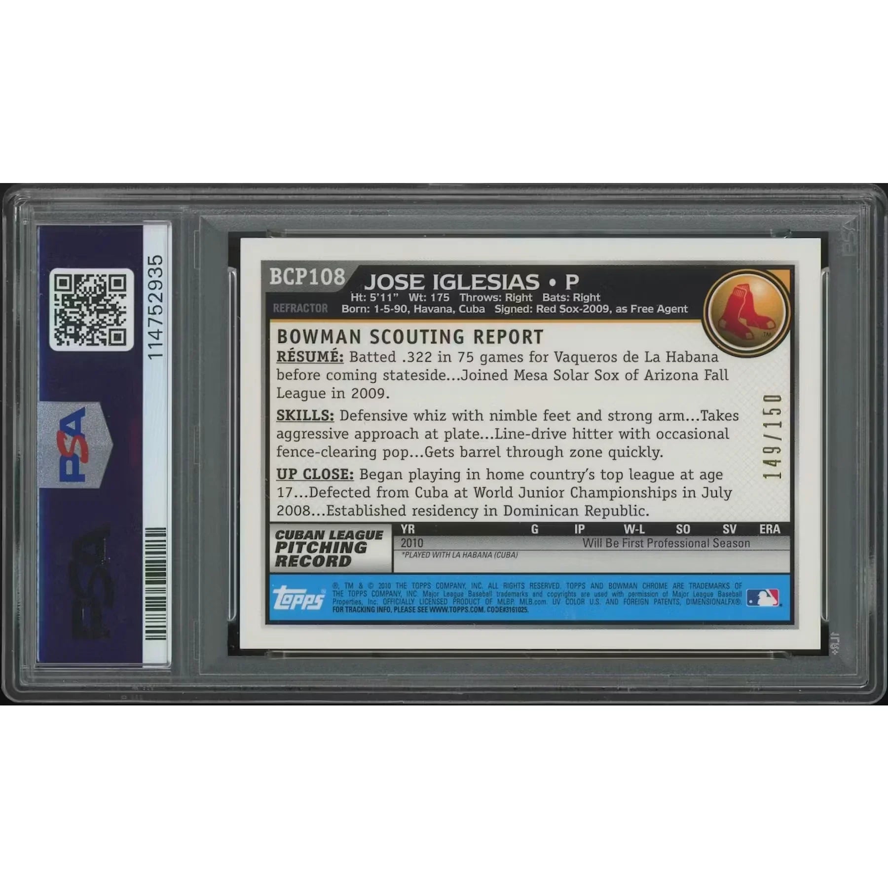 Jose Iglesias 2010 Bowman Chrome Blue Refractor Rookie Auto | PSA 8 NM-MT #149
