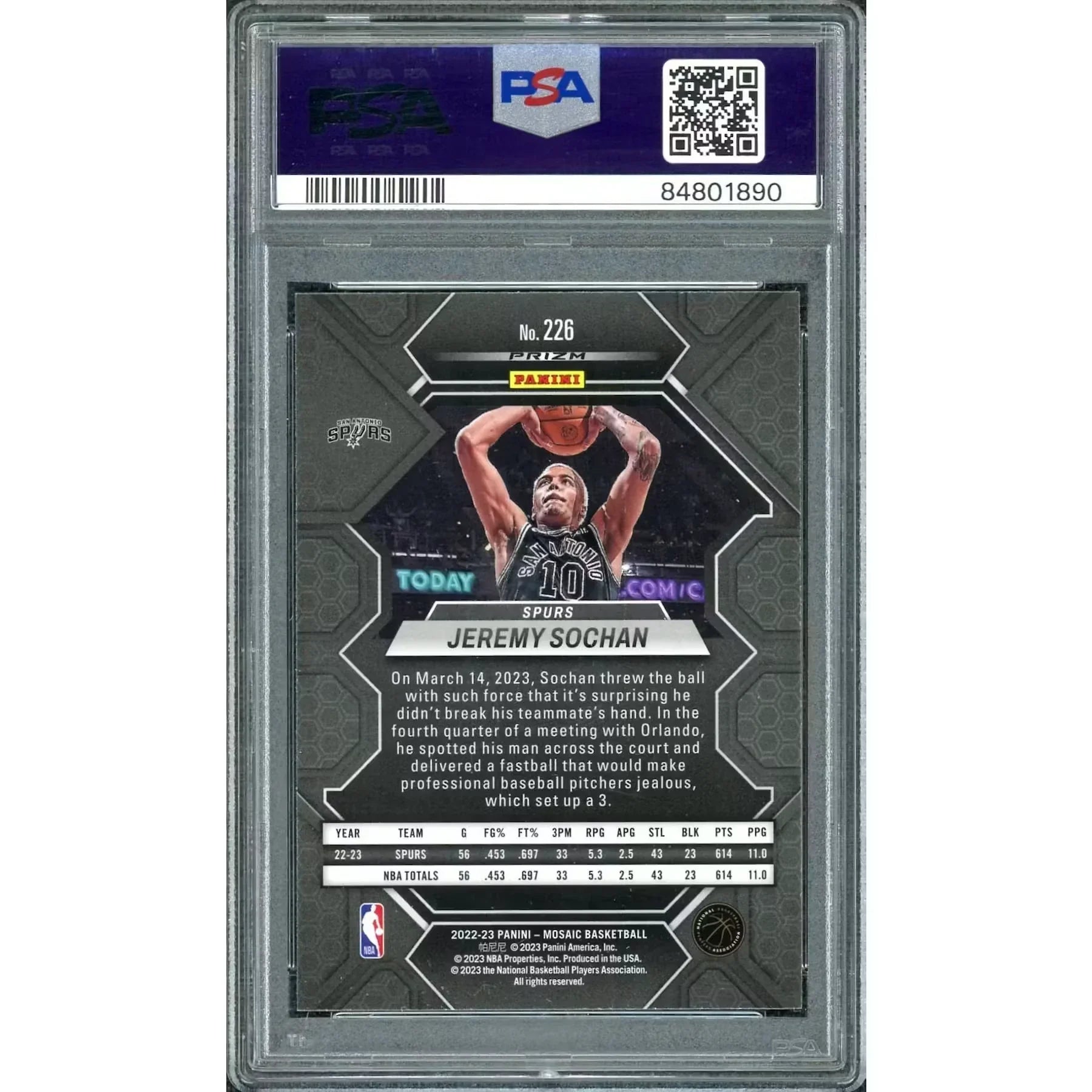 Jeremy Sochan 2022-23 Panini Mosaic Choice Peacock Rookie #226 | PSA 10