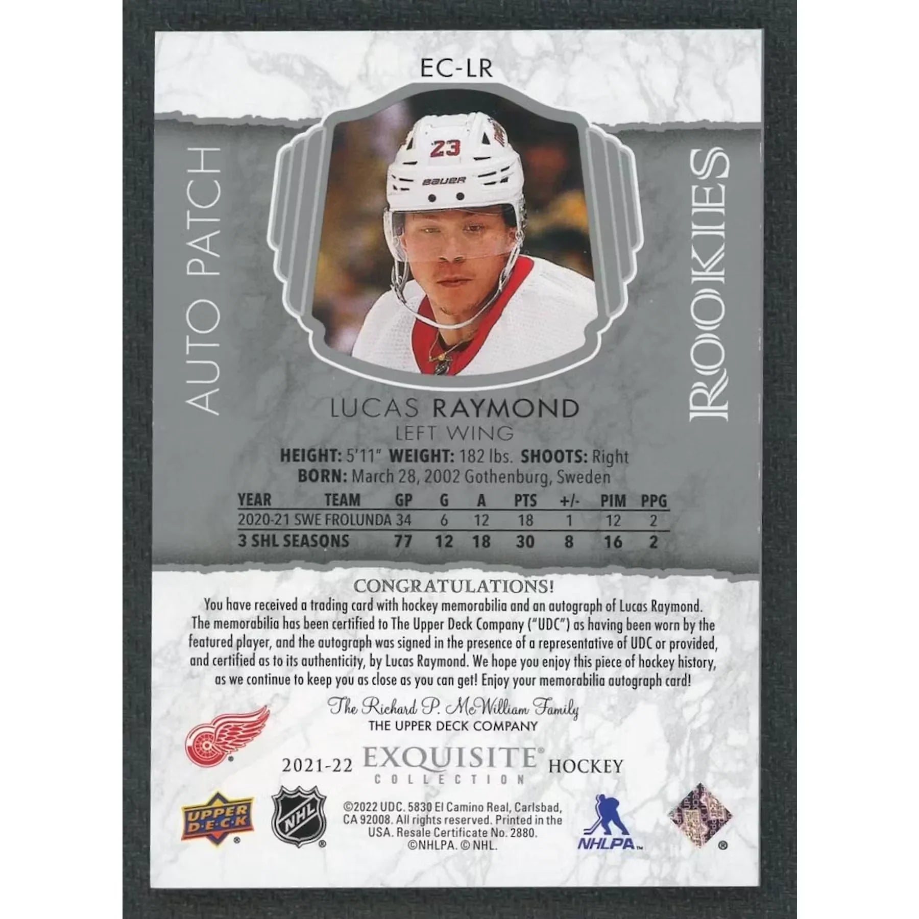 Lucas Raymond Signed 2021-22 Upper Deck Exquisite Rookie Patch |/23