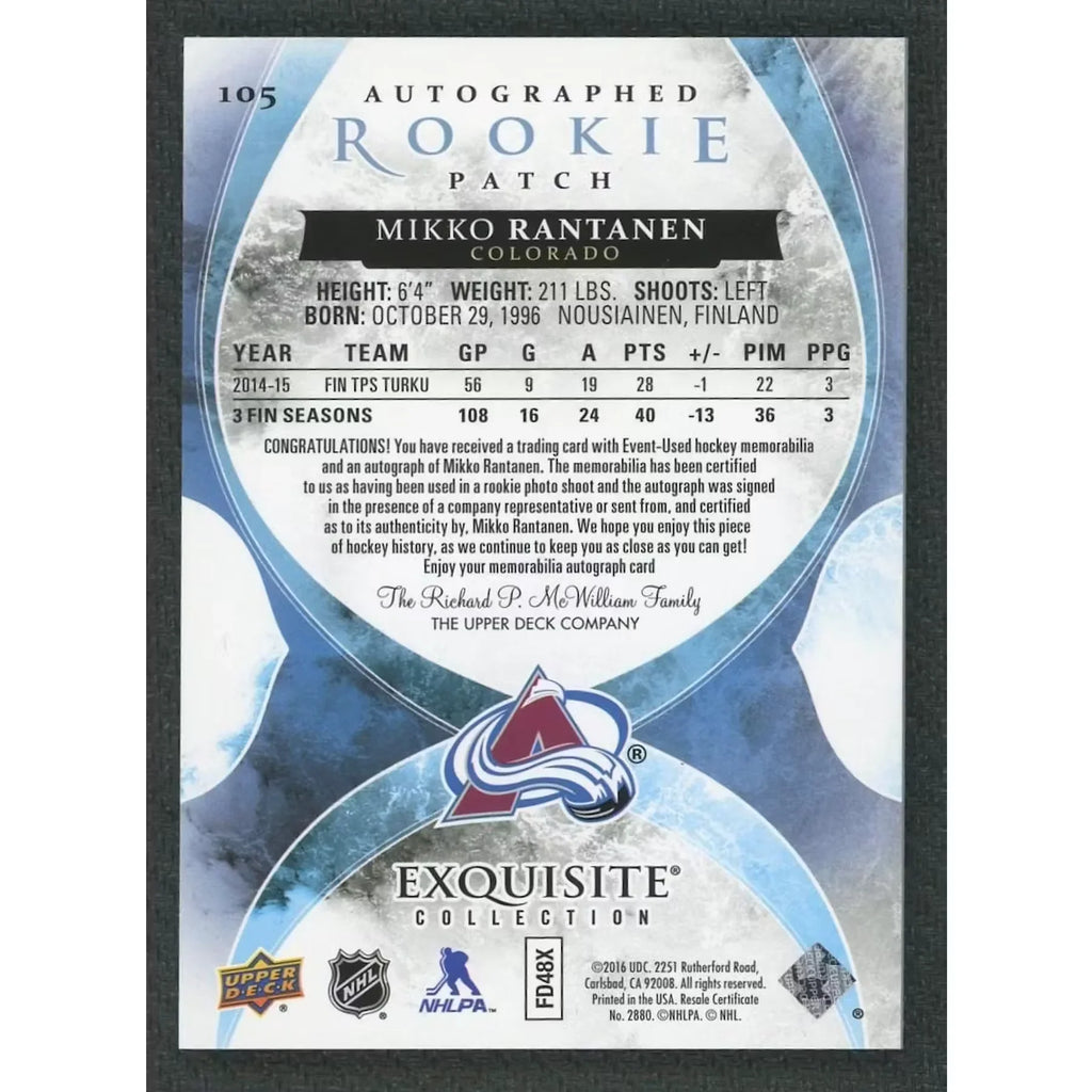 Mikko Rantanen 2015-16 SP Authentic Rookie Auto Patch Card |/99