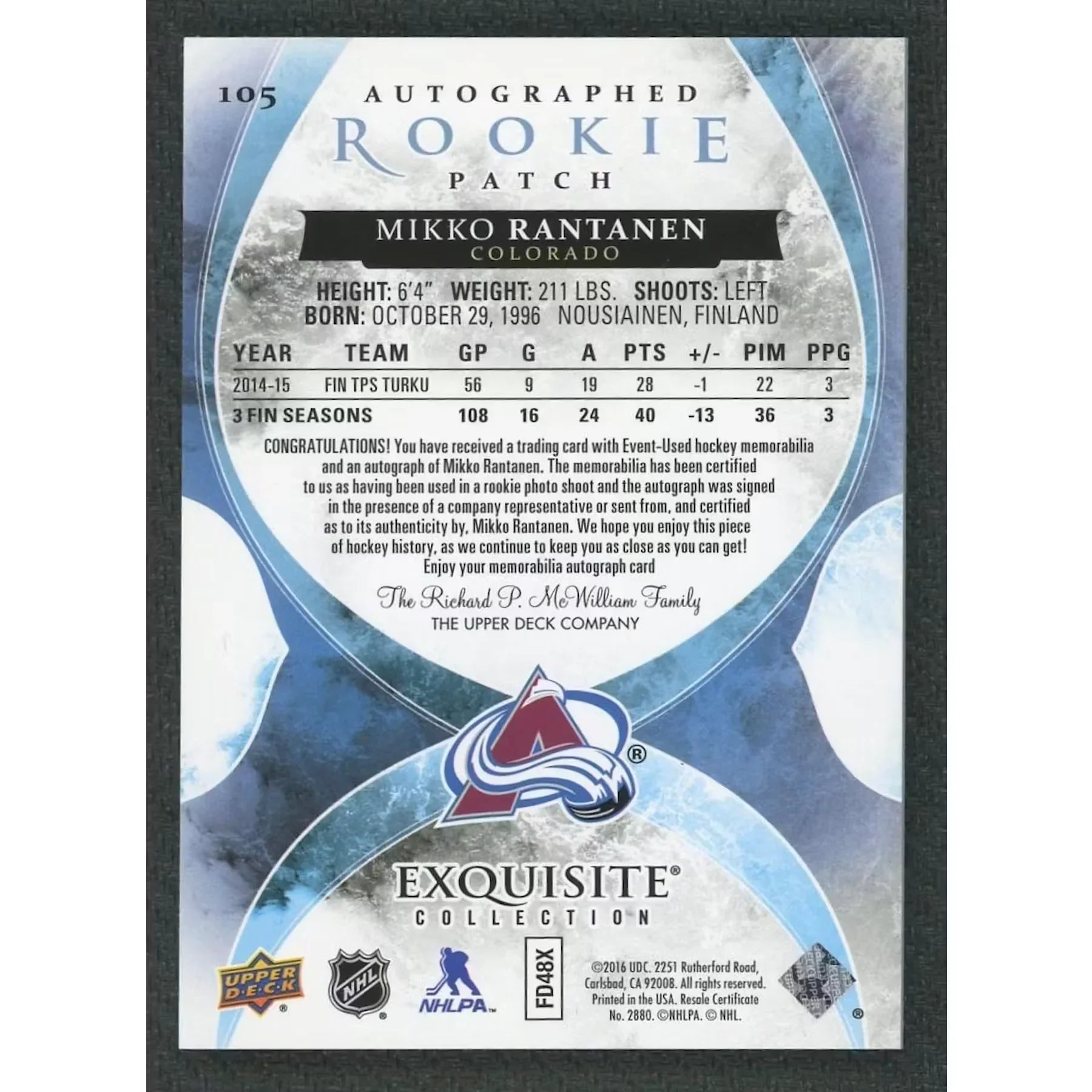 Mikko Rantanen 2015-16 SP Authentic Rookie Auto Patch Card |/99