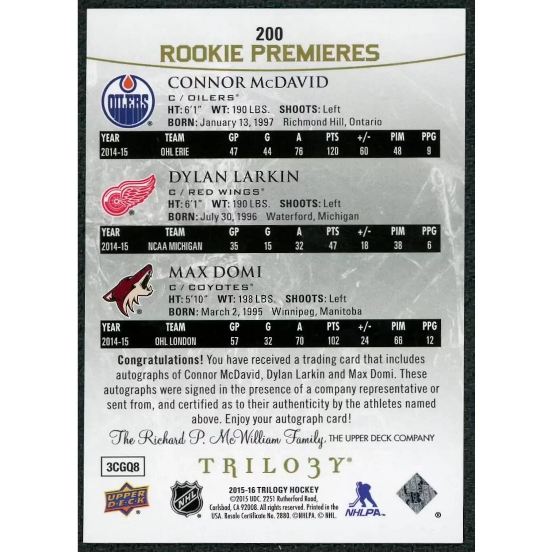 2015-16 Upper Deck Trilogy Rookie Premieres Auto | McDavid, Larkin, Domi/25