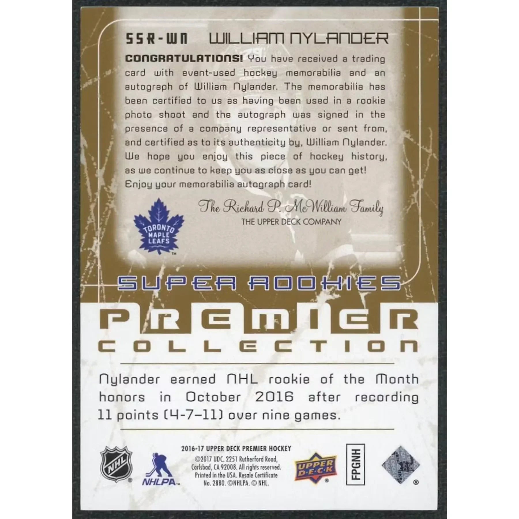 William Nylander Signed 2016-17 Upper Deck Premier Rookie Card | Auto Patch/15