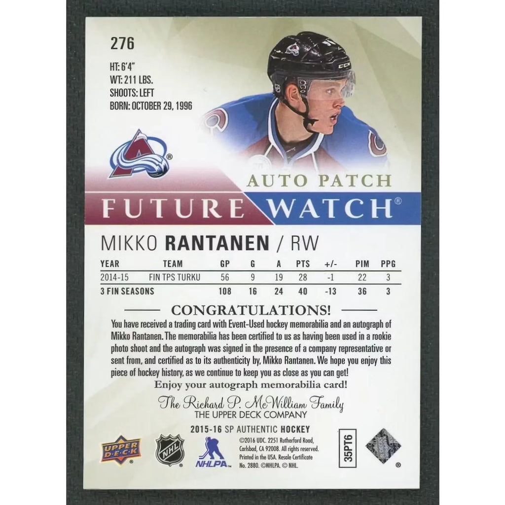 Mikko Rantanen Signed 2015-16 Upper Deck SP Authentic Card | Future Watch Auto Patch/100