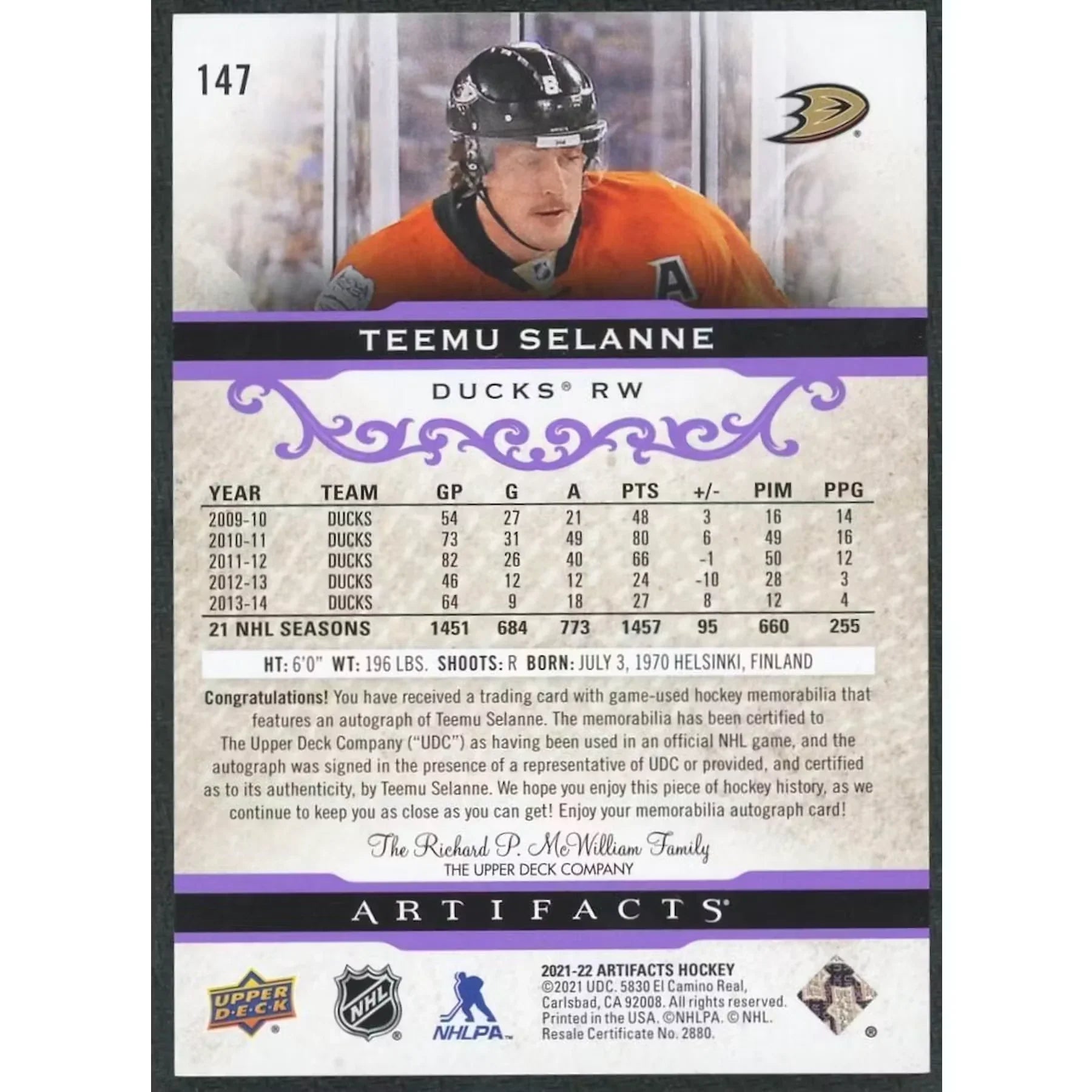 Teemu Selanne Signed Patch Auto Card | 2021-22 Upper Deck Artifacts Purple/10