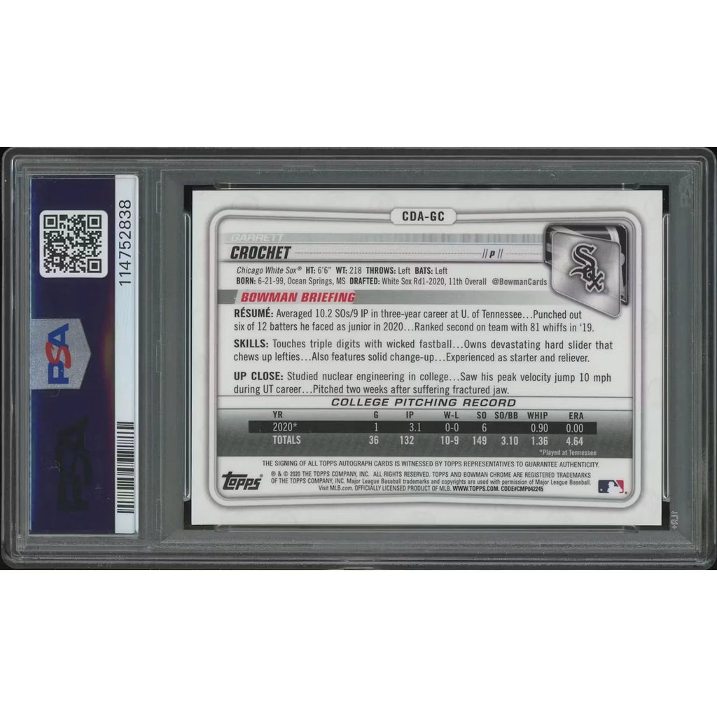 Garrett Crochet Signed 2020 Bowman Chrome Draft Rookie #224 Card | Purple Refractor PSA 9
