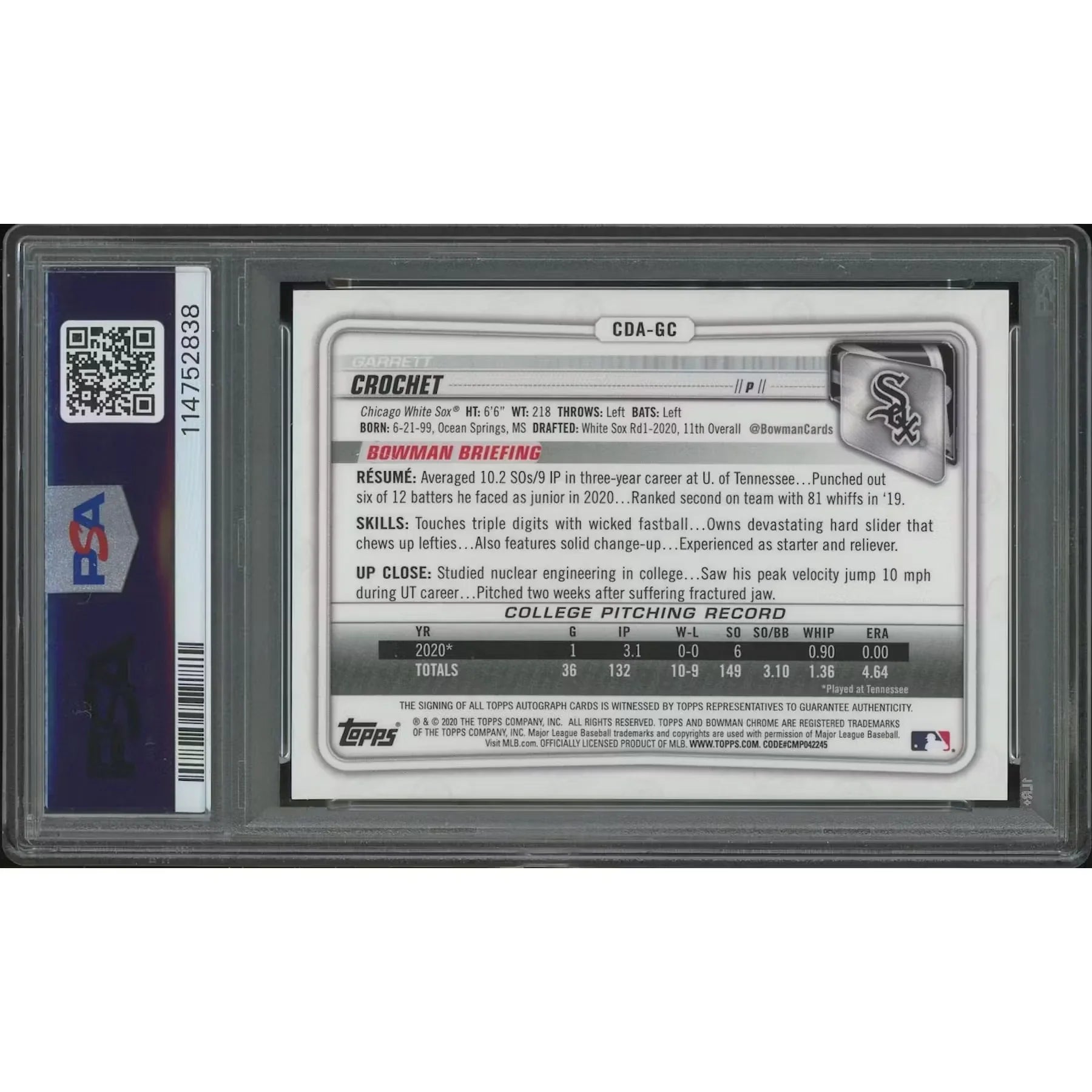 Garrett Crochet Signed 2020 Bowman Chrome Draft Rookie #224 Card | Purple Refractor PSA 9
