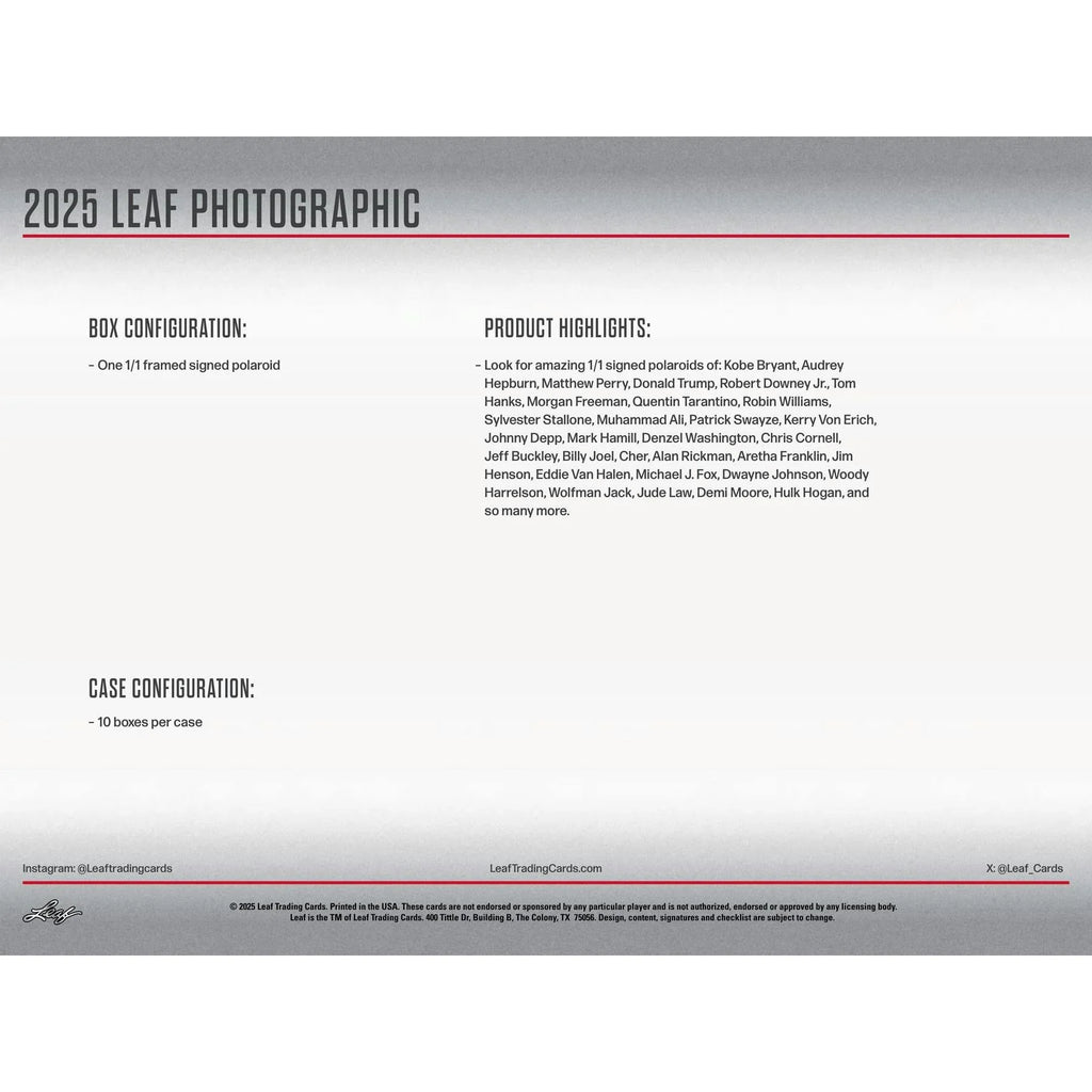 2025 Leaf Photographic Hobby 10 Box Case (Ships Sealed Only)