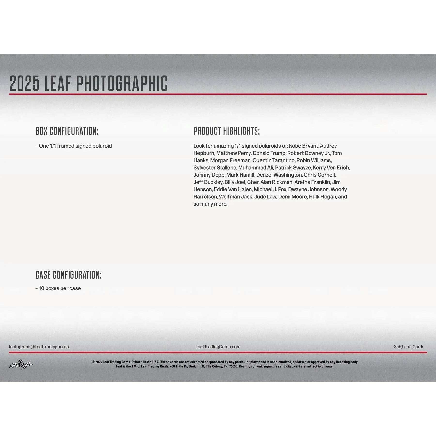 2025 Leaf Photographic Hobby 10 Box Case (Ships Sealed Only)