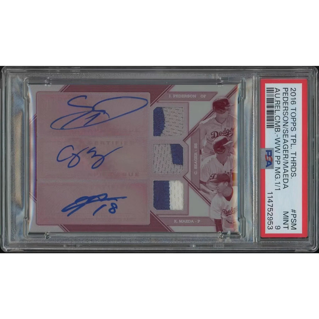 2016 Topps Triple Threads Maeda Seager Pederson Magenta Printing Plate Patch Auto | PSA 9