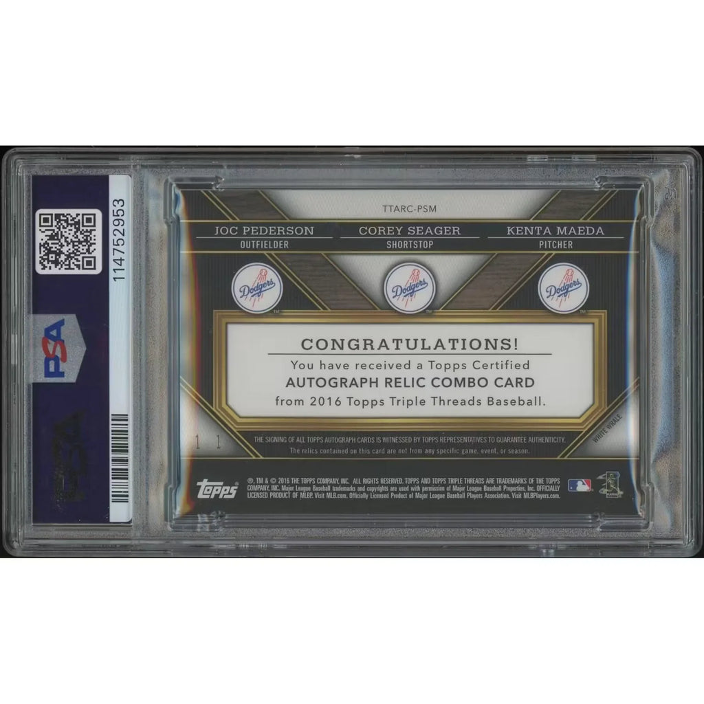 2016 Topps Triple Threads Maeda Seager Pederson Magenta Printing Plate Patch Auto | PSA 9