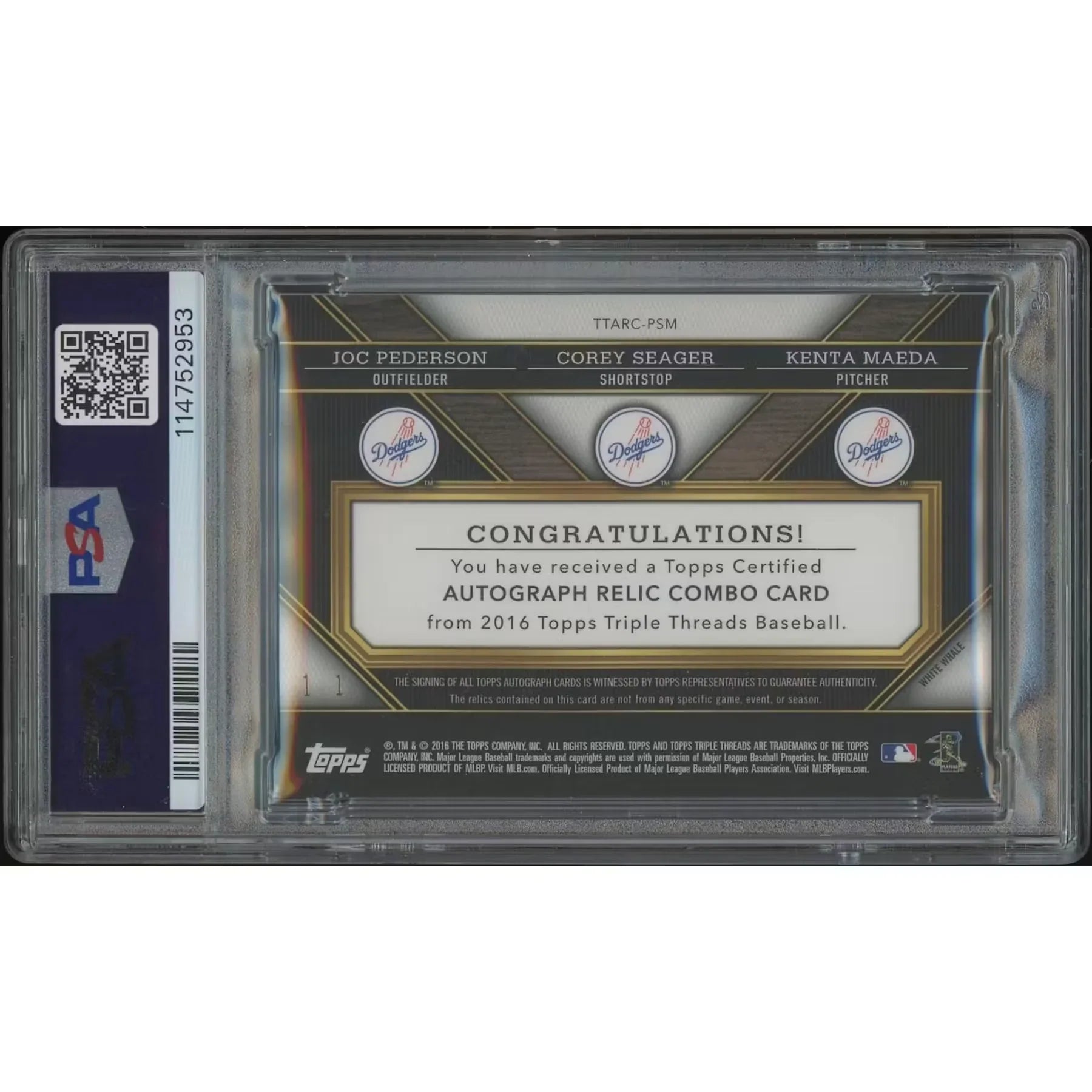 2016 Topps Triple Threads Maeda Seager Pederson Magenta Printing Plate Patch Auto | PSA 9