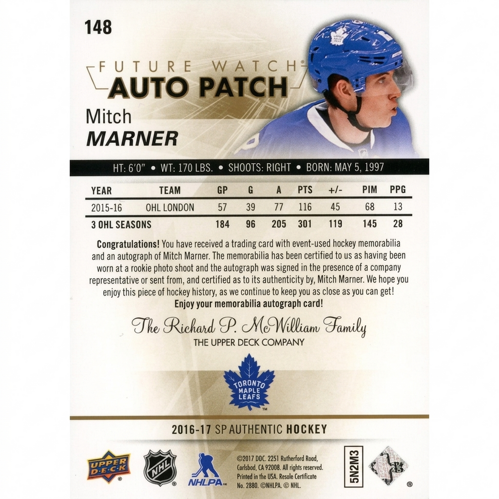 Mitch Marner 2016-17 Upper Deck SP Authentic Patch Auto | #148 053/100