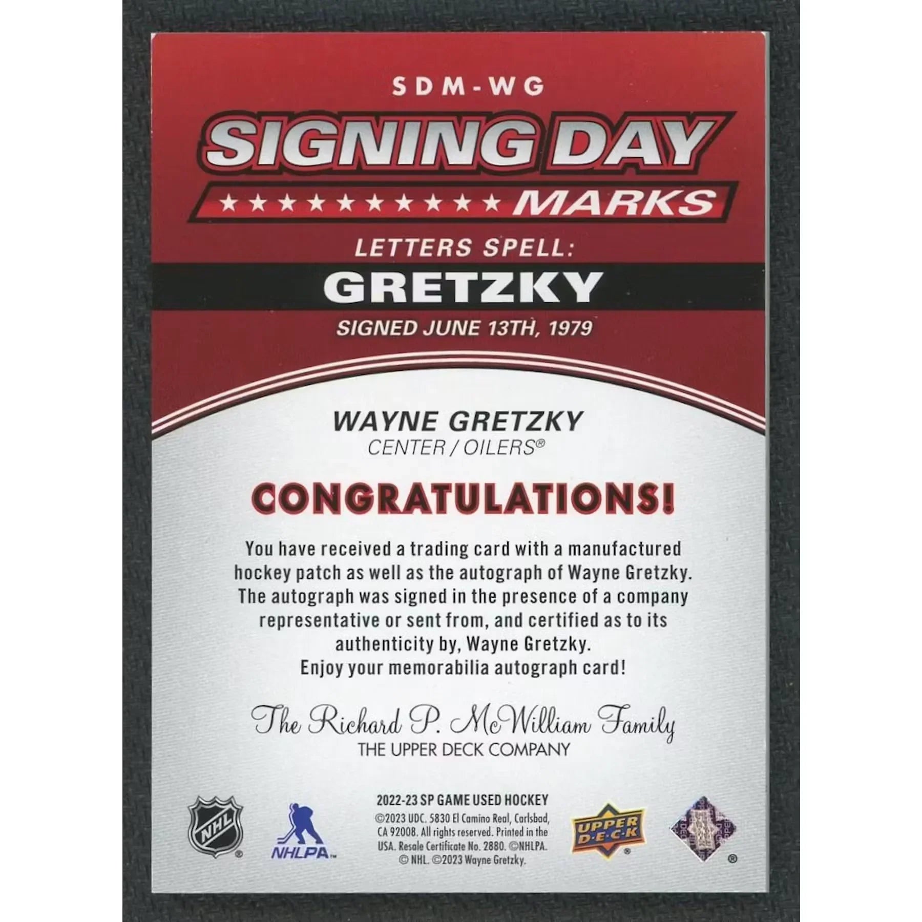 Wayne Gretzky Signed Trading Card | 2022-23 UD SP Game Used