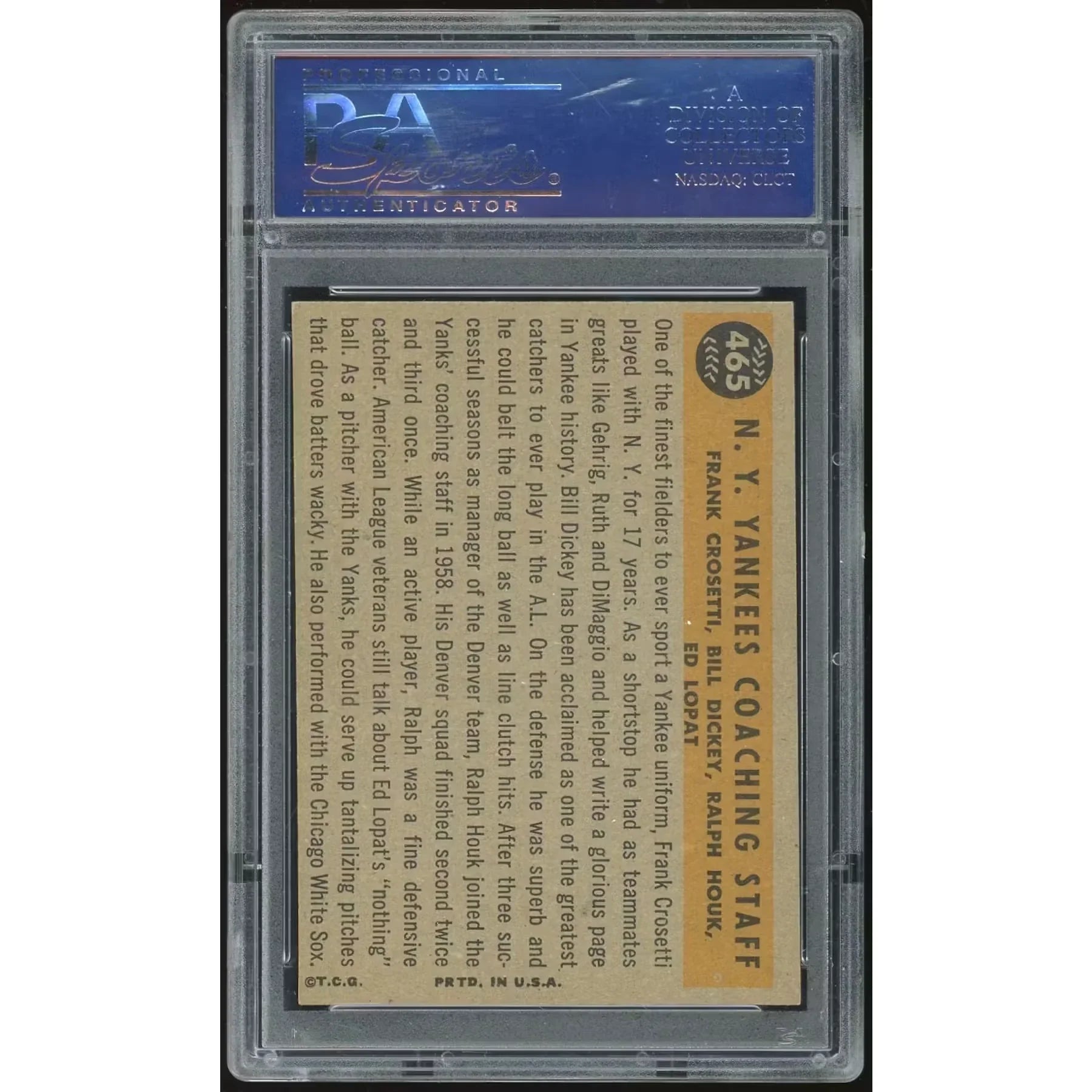 1960 Topps #465 New York Yankees Coaches Card | PSA 8