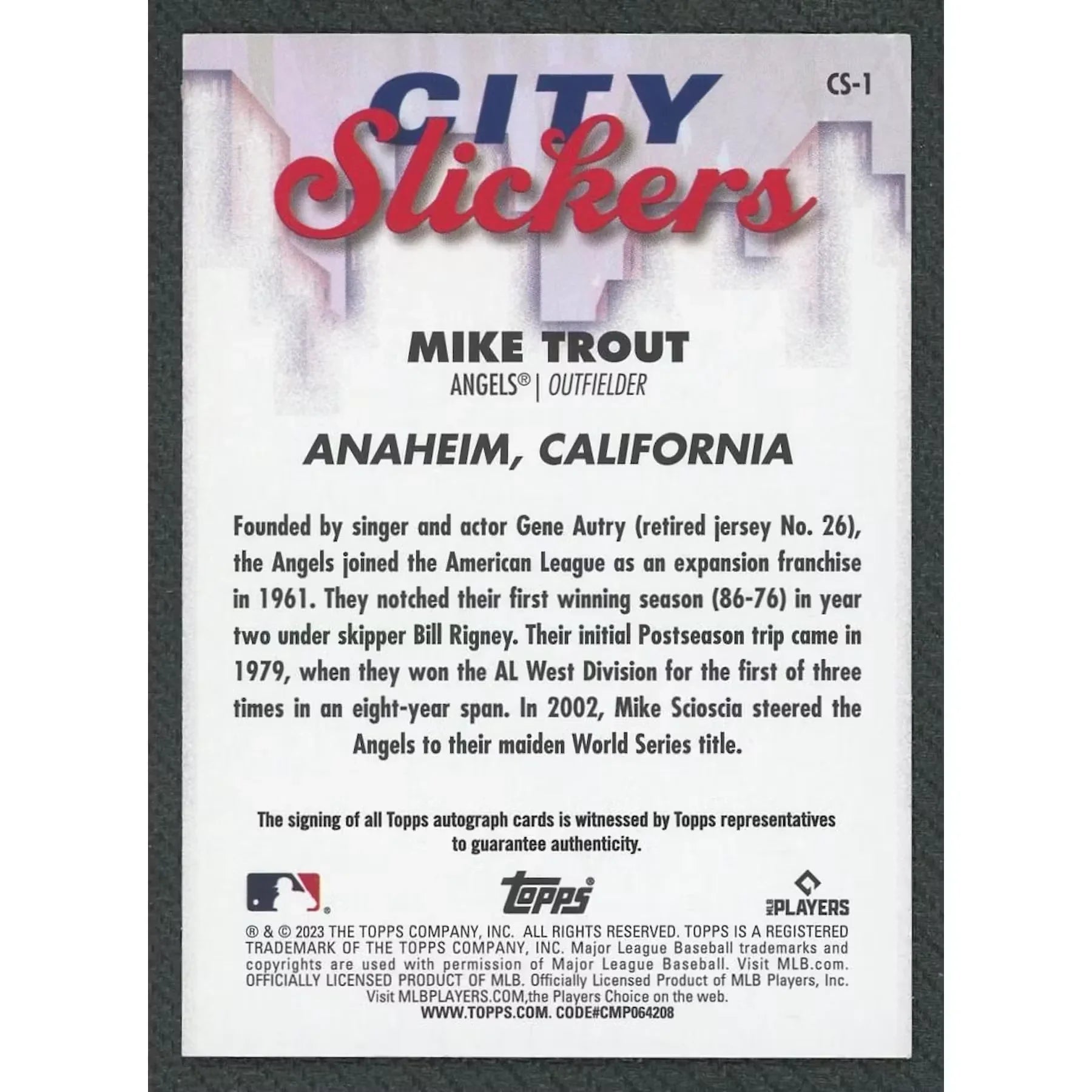 Mike Trout Signed 2023 Topps Big League City Slickers Card | Auto/25
