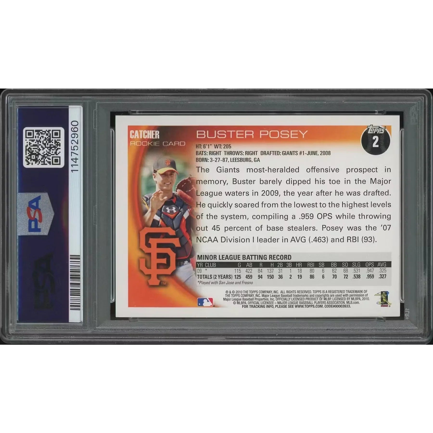 Buster Posey 2010 Topps Baseball #2 Rookie Card | PSA 10 Gem Mint