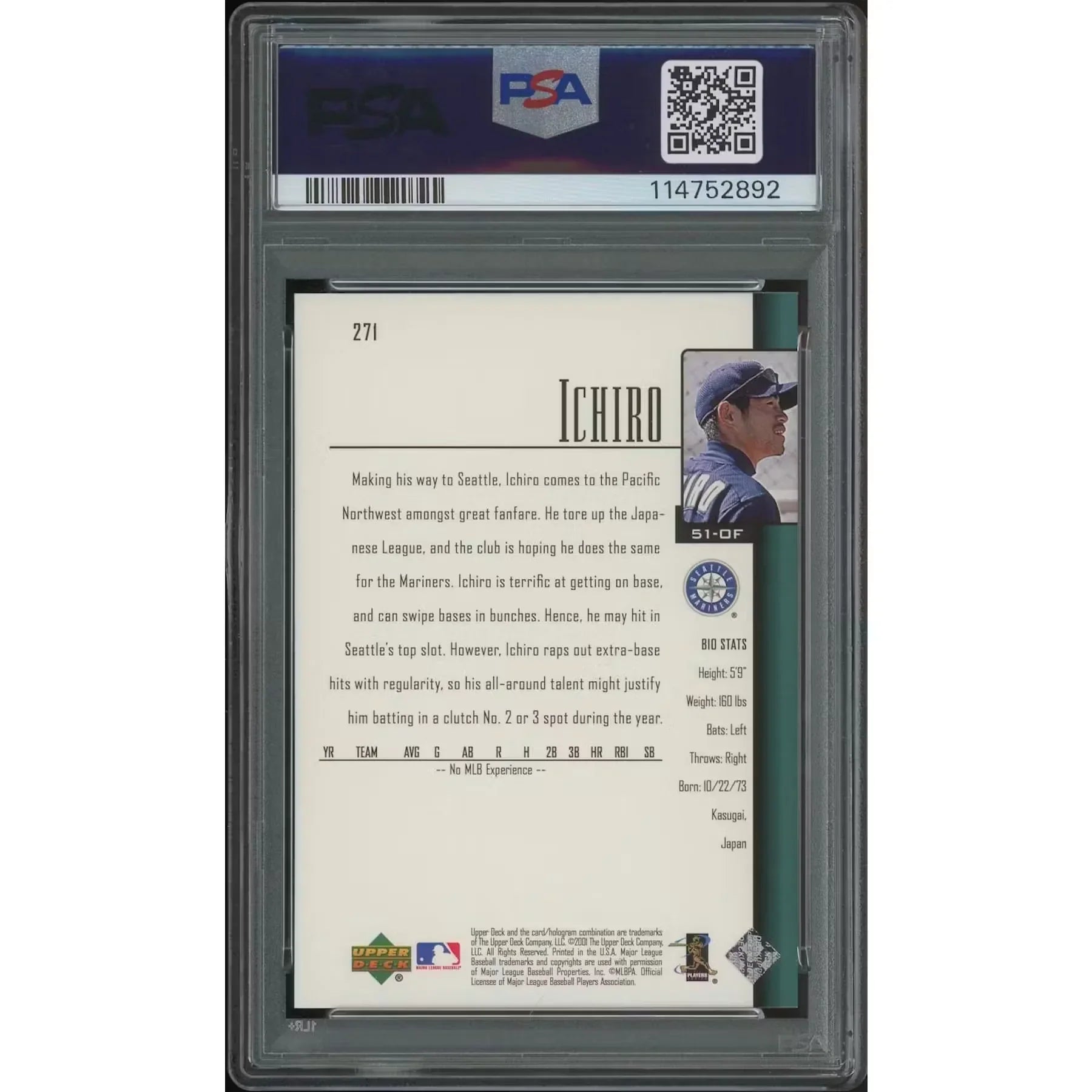 Ichiro Suzuki 2001 Upper Deck Baseball #271 Rookie Card | PSA 10 Gem Mint