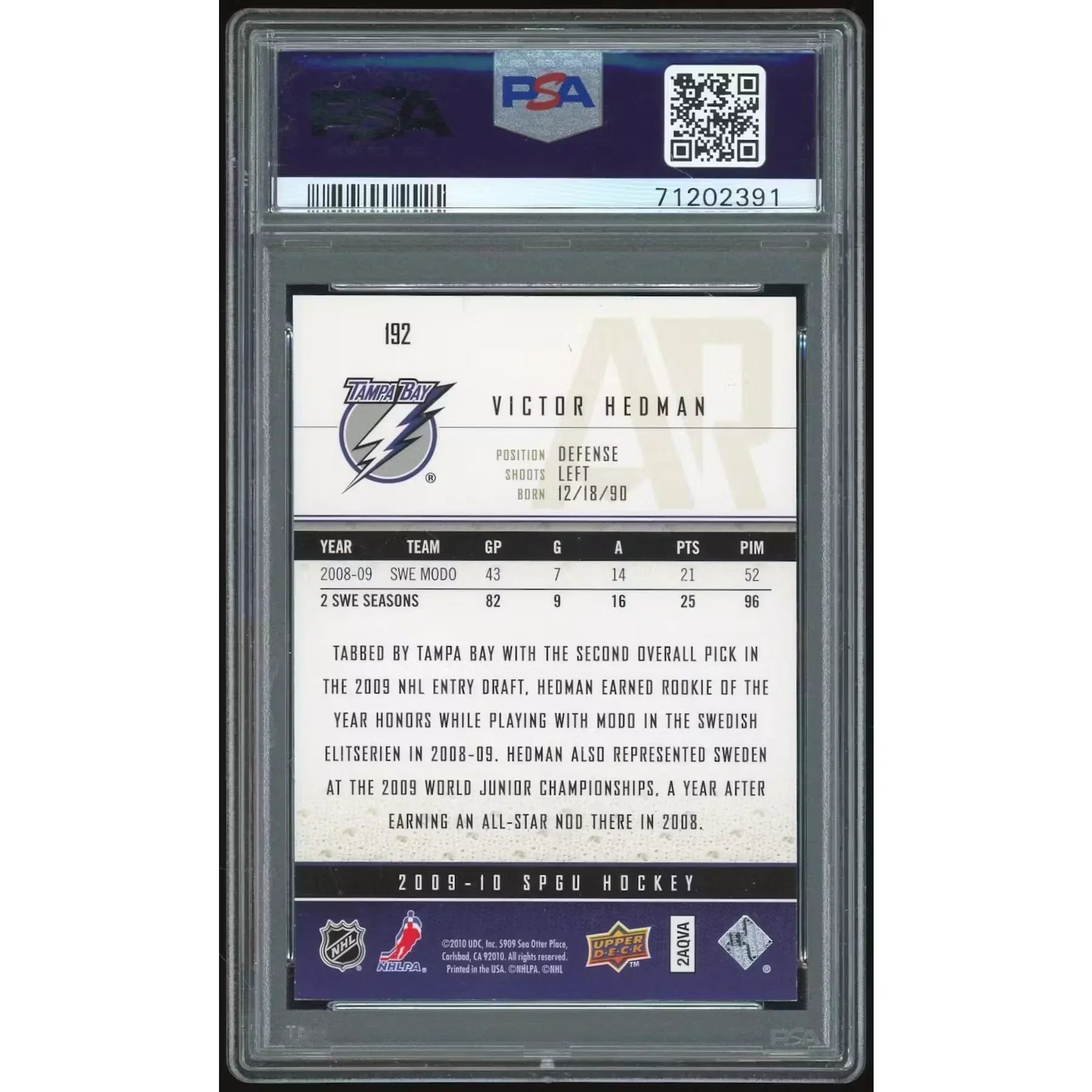 Victor Hedman 2009-10 SP Game Used Gold #192 Card | PSA 8 #/50