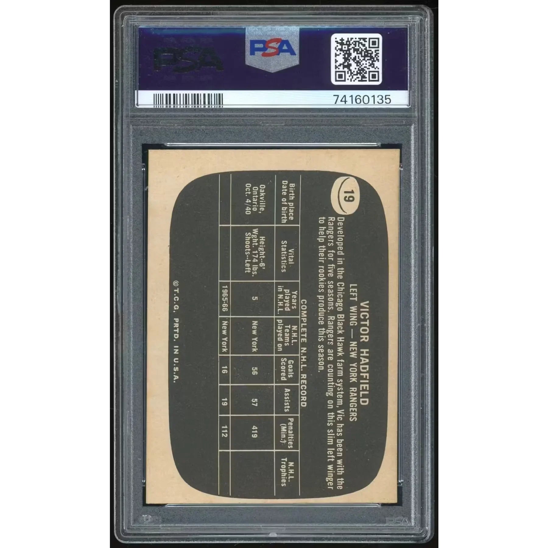 Vic Hadfield 1966-67 Topps USA Test #19 Card | PSA 6