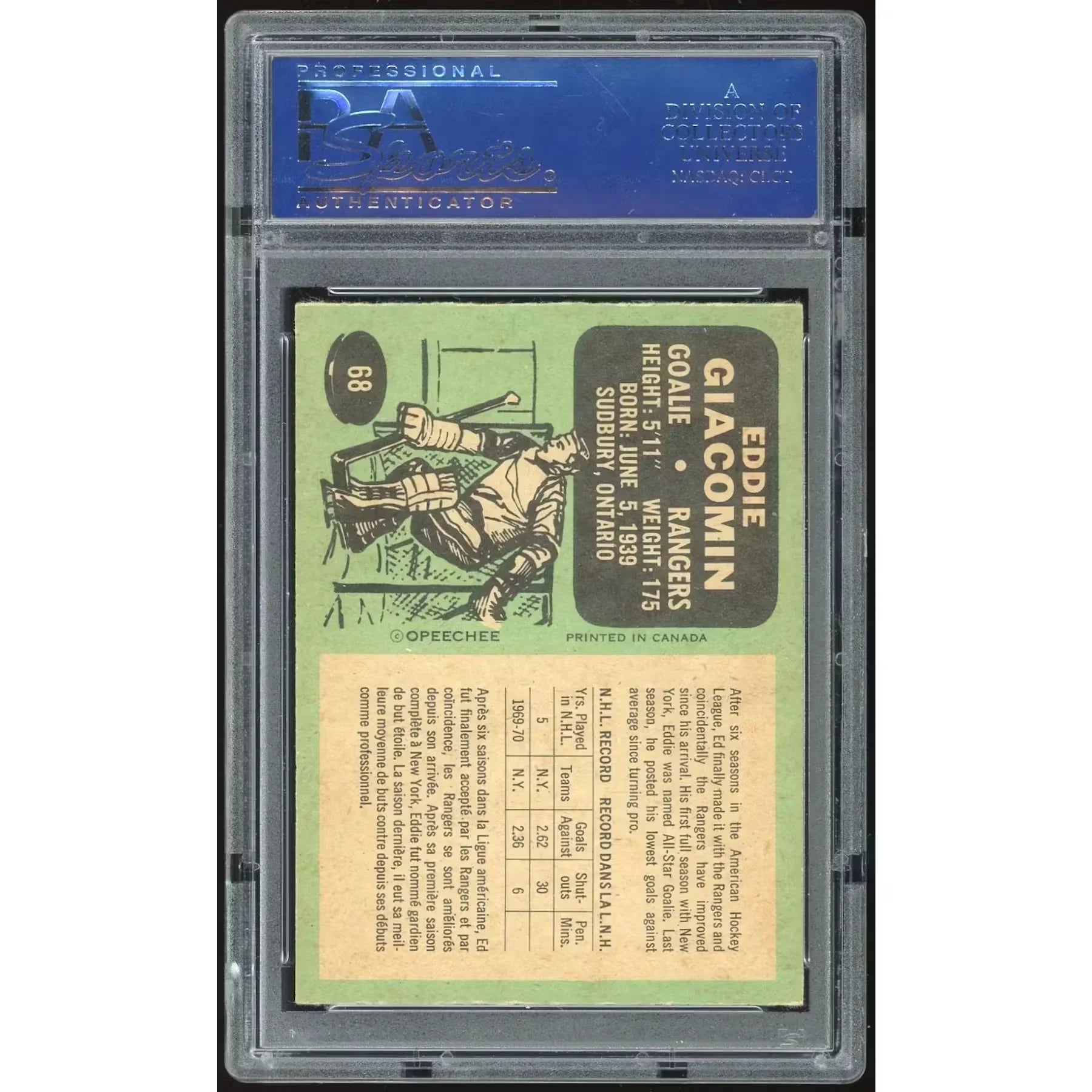 Ed Giacomin 1970-71 O-Pee-Chee #68 Card | PSA 8
