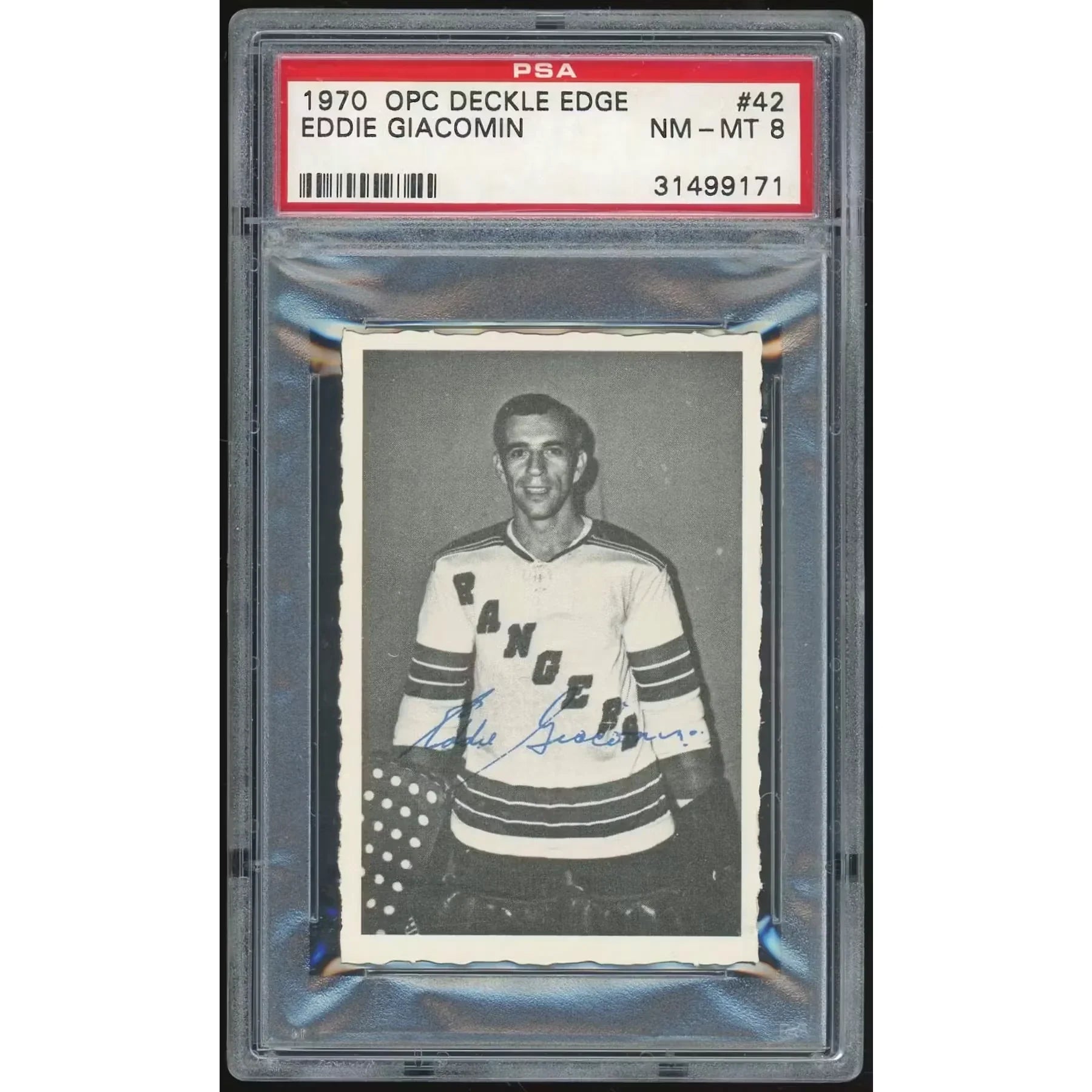 Eddie Giacomin 1970-71 O-Pee-Chee Deckle Edge #42 | PSA 8