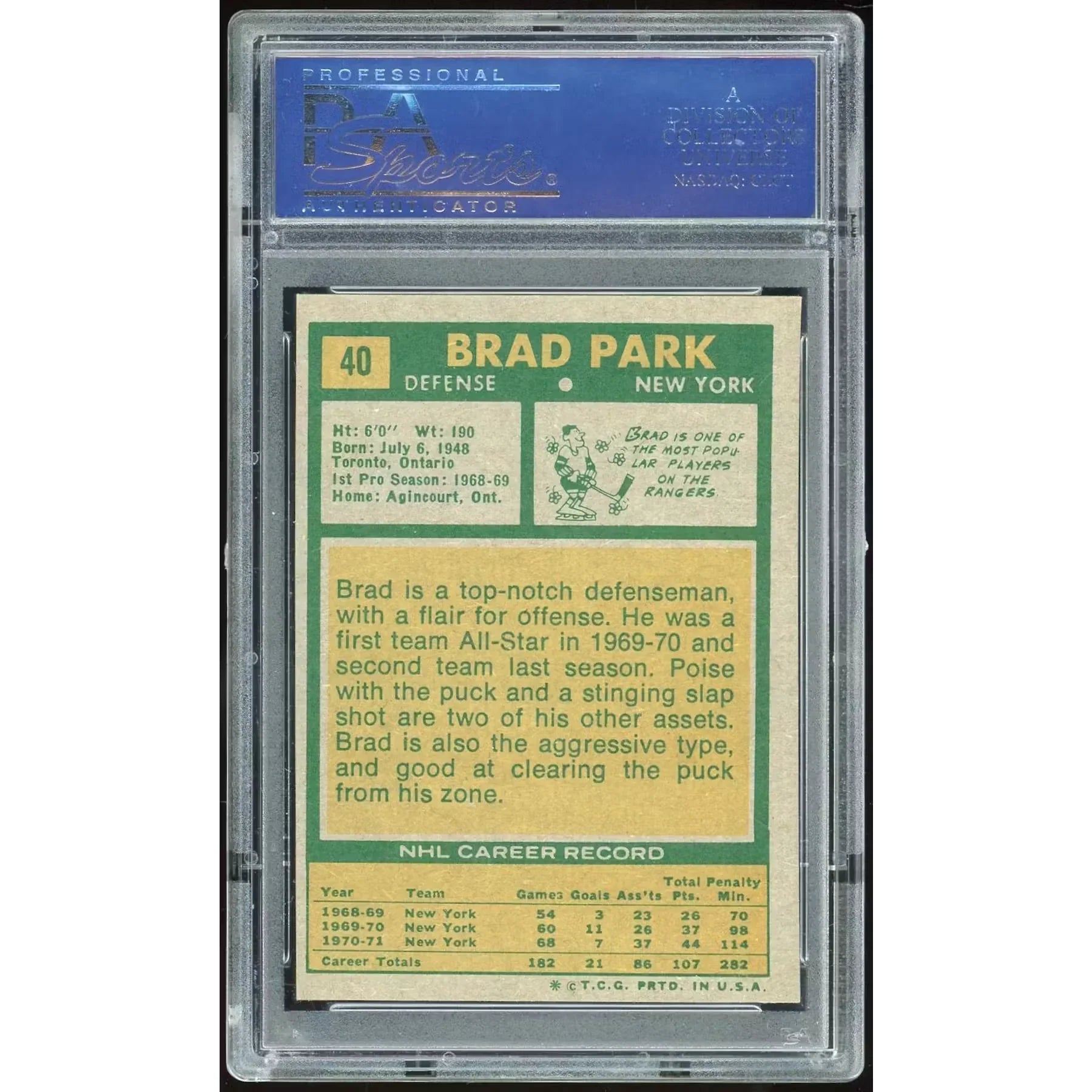 Brad Park 1971-72 Topps #40 Card | PSA 8