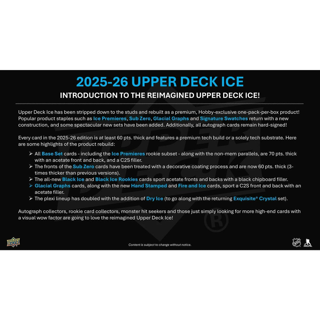 2025 26 Upper Deck Ice Hockey Hobby Box Presell Releases Jul 15th 2026 (Ships Sealed Only) - D1