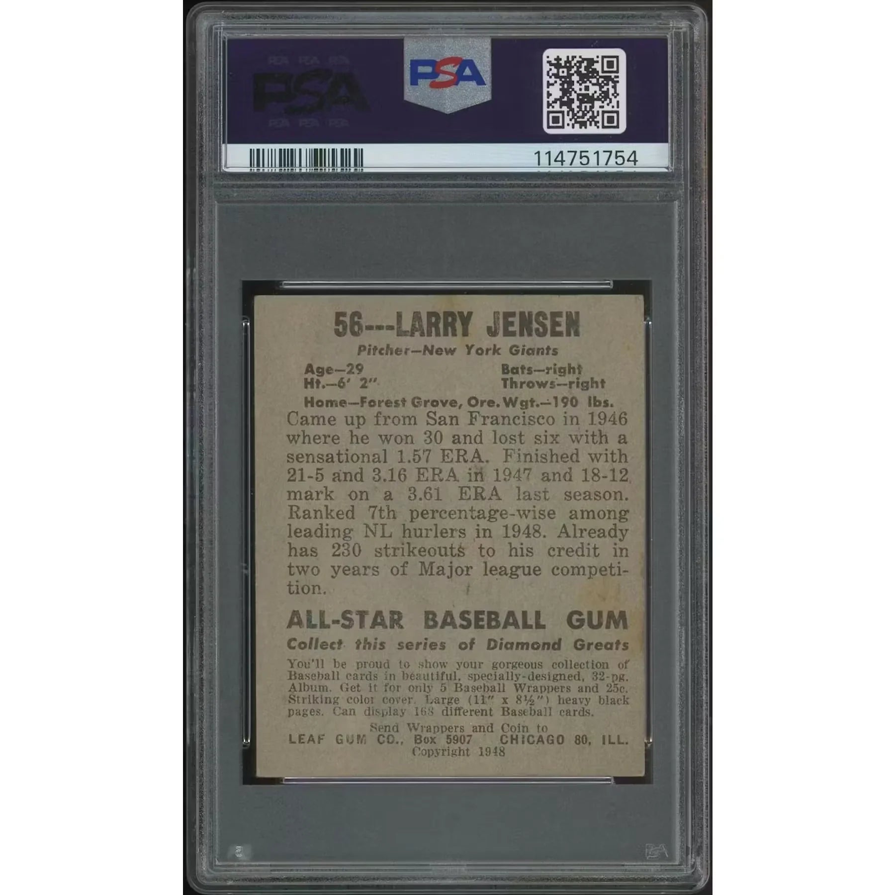 1948 Leaf Baseball #56 Larry Jensen | PSA 4 (VG-EX)
