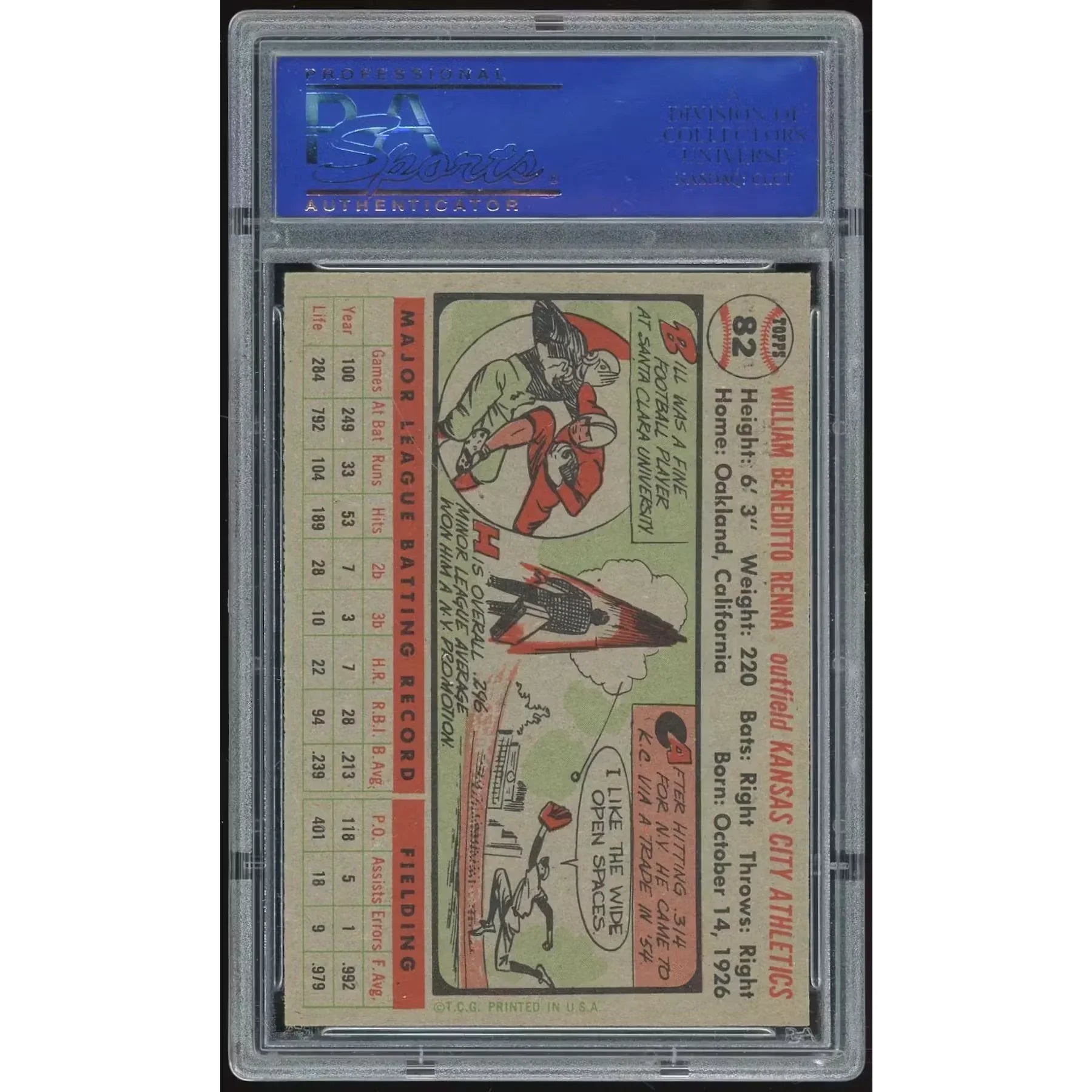 1956 Topps #82 Bill Renna Baseball Card | PSA 8