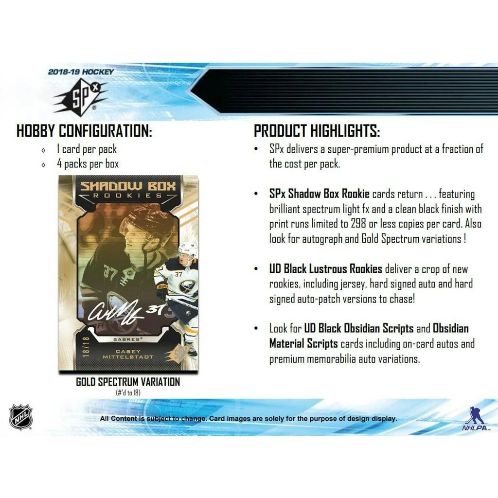 2018 19 Upper Deck SPx Hockey Hobby Box (Ships Sealed Only)