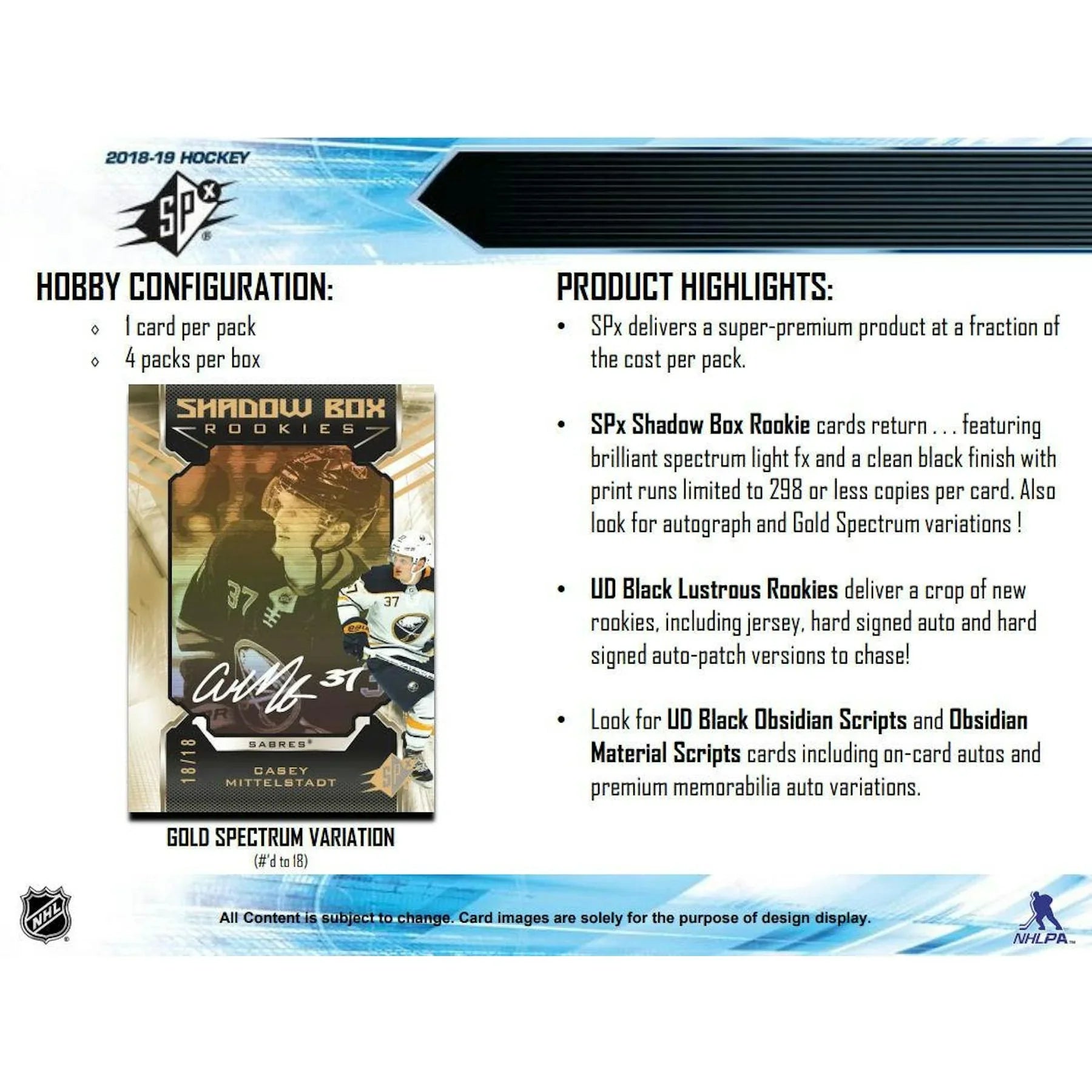 2018 19 Upper Deck SPx Hockey Hobby Box (Ships Sealed Only)