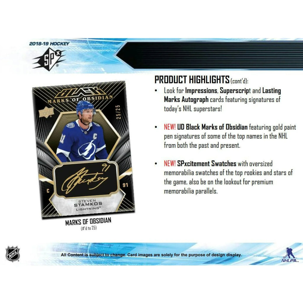 2018 19 Upper Deck SPx Hockey Hobby Box (Ships Sealed Only)